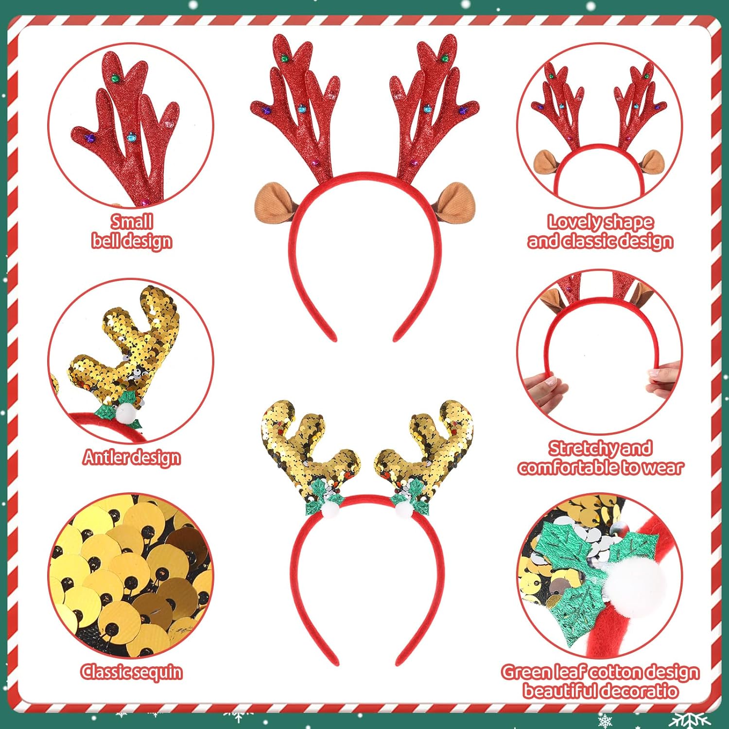 24 Pcs Christmas Reindeer Headbands,Antler Costume Headwears Bulk Shiny Head Topper With Sequin For Christmas Party Favors,8 Styles (Chic)