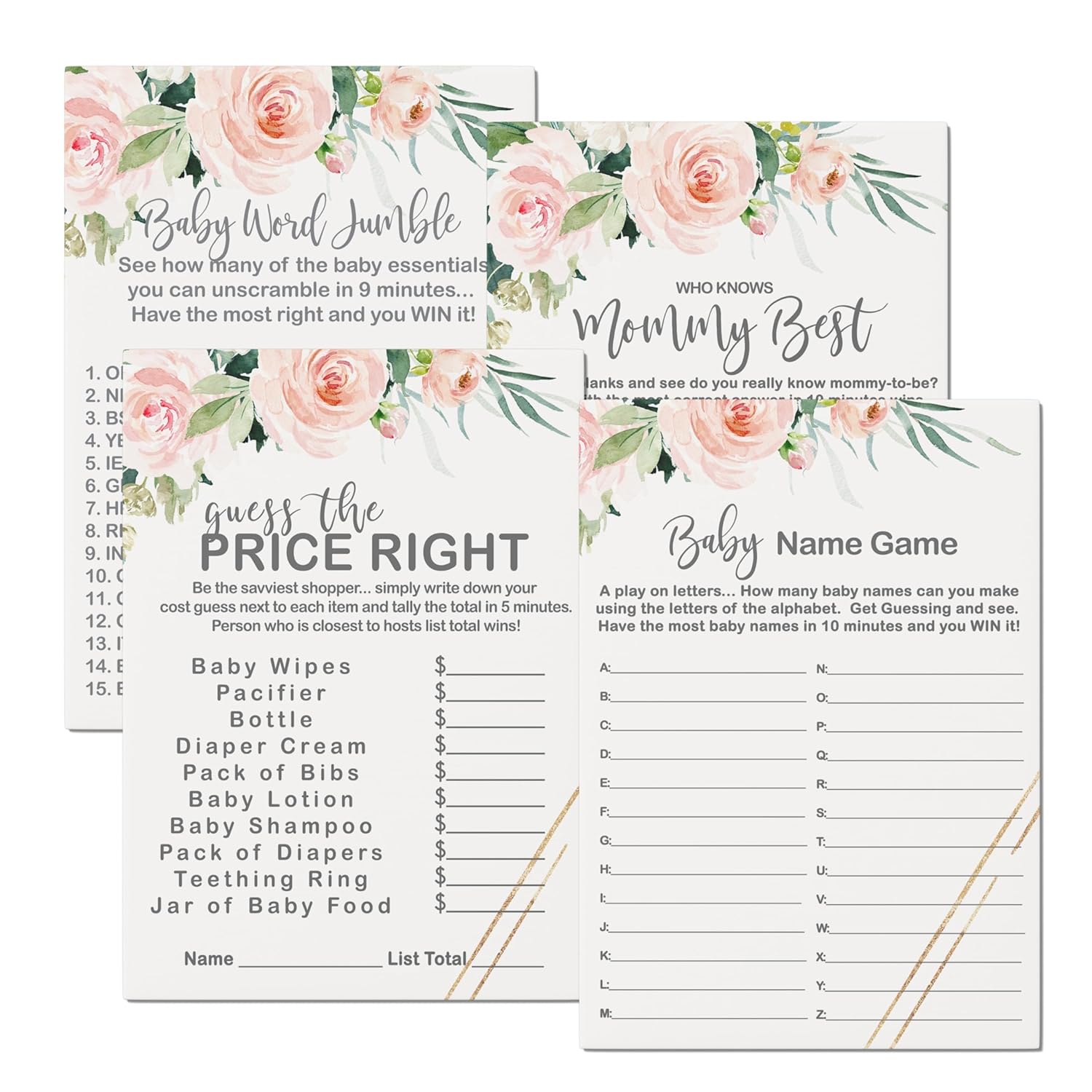 Graceful Floral Baby Shower Games For Girls - 25 Activities Bundle - Word Scramble, Guess The Price, Baby Name Race & Who Knows Mommy Best - Rustic Pink Greenery Theme, Double-Sided 5X7 Cards