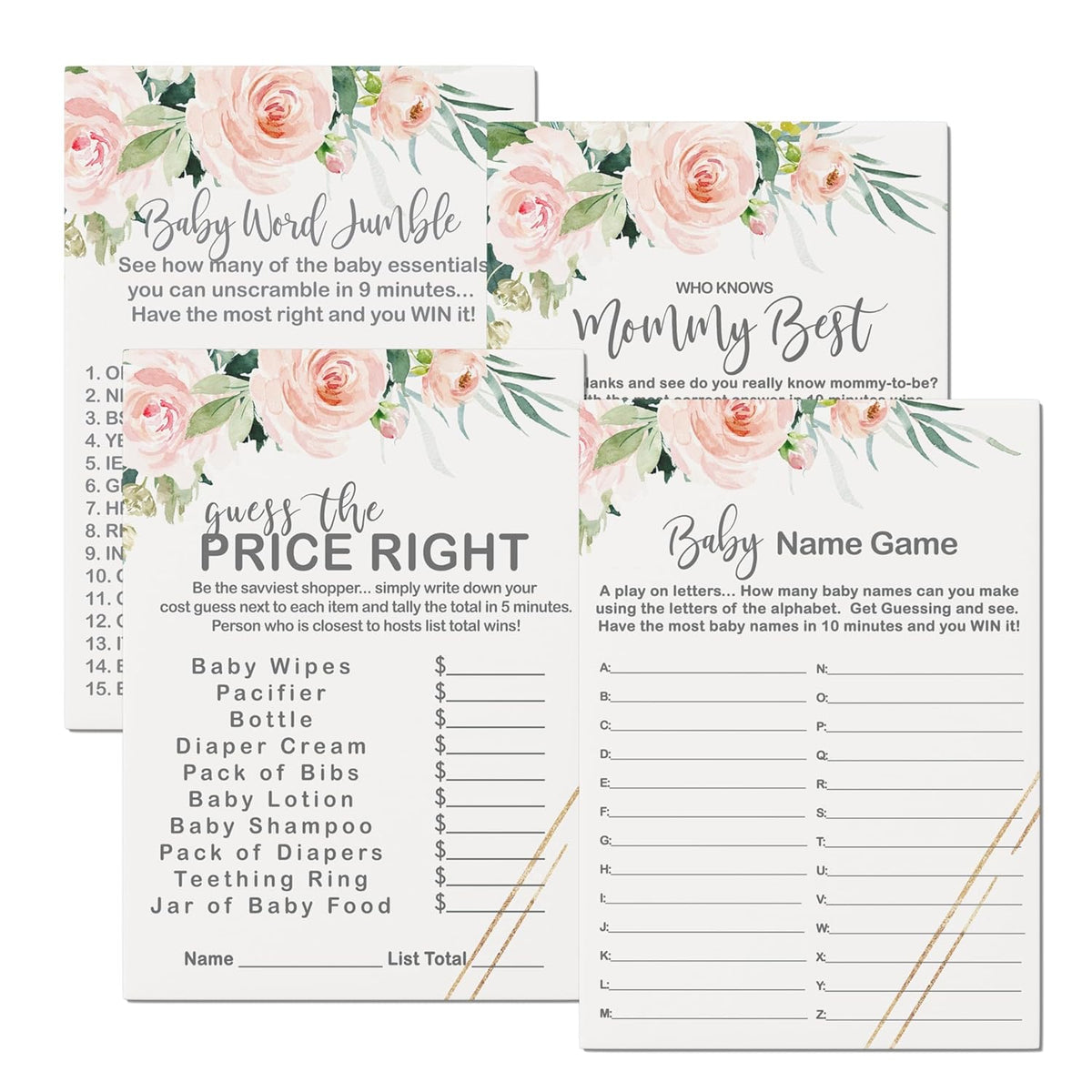 Graceful Floral Baby Shower Games For Girls - 25 Activities Bundle - Word Scramble, Guess The Price, Baby Name Race & Who Knows Mommy Best - Rustic Pink Greenery Theme, Double-Sided 5X7 Cards