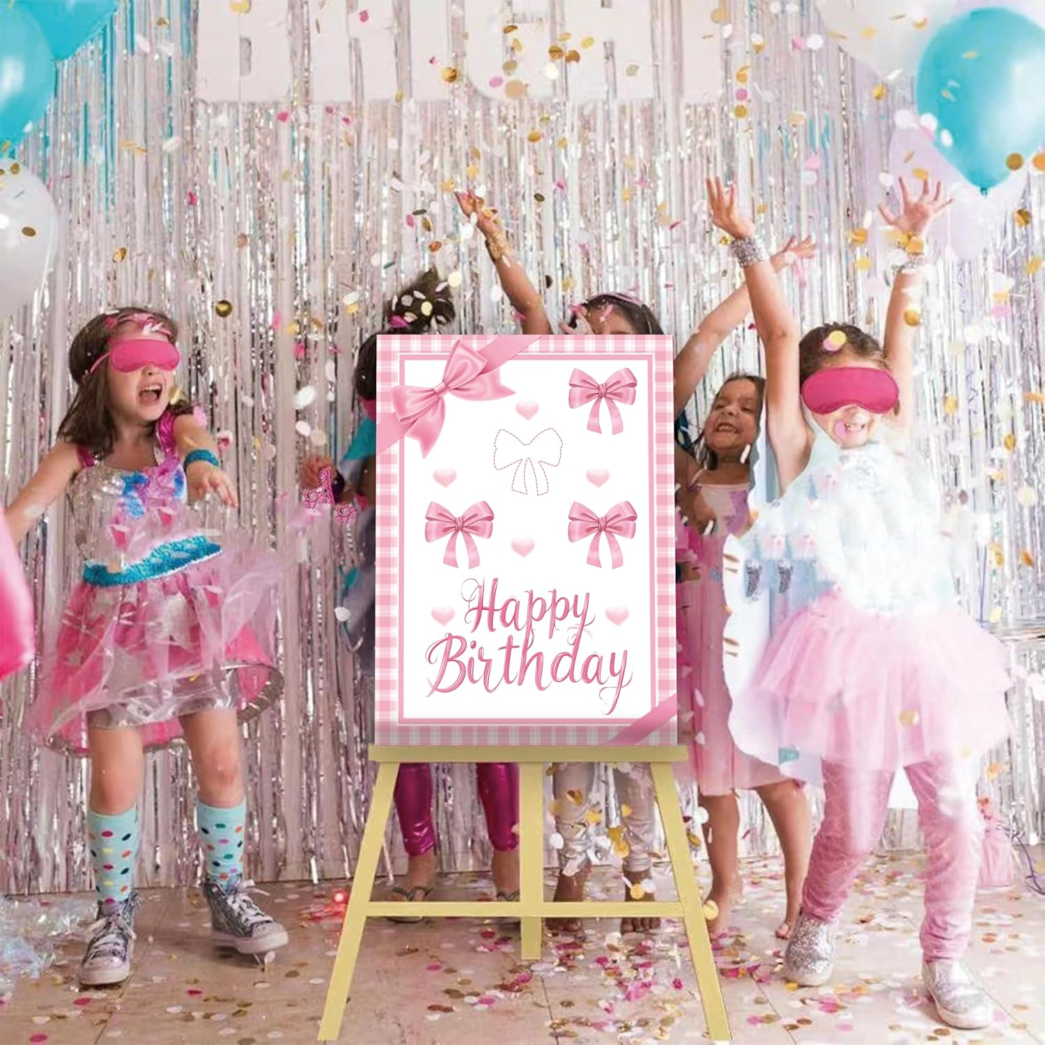 Bowknot Birthday Party Decoration,Holiday Party Decoration Set Cute Bowknot Stickers, Large Poster And 24 Bowknot Themed Birthday Gift Stickers (Pink)