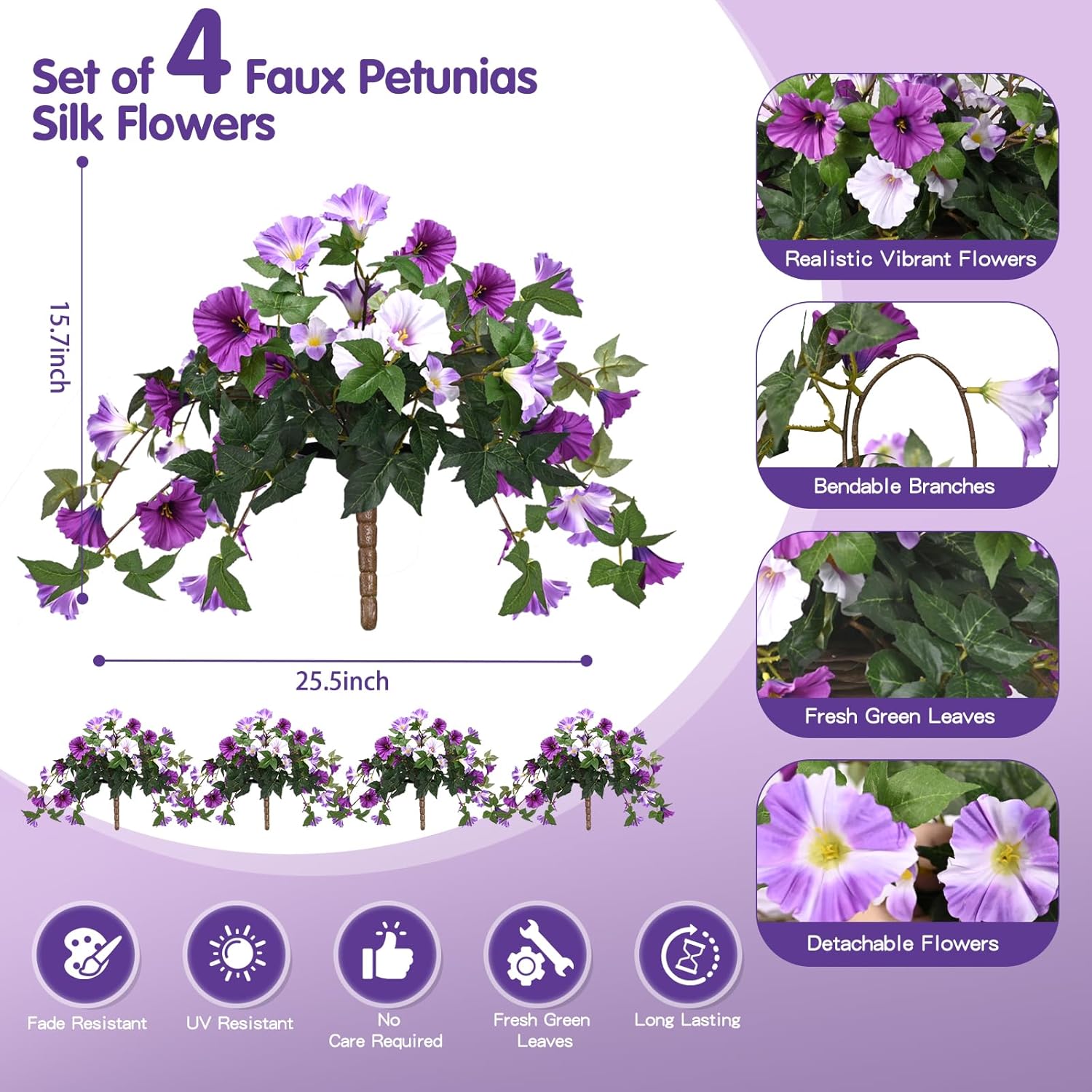 Artificial Flowers For Outdoors With 120 Blooms, Faux Silk Flowers For Outside, Uv Resistant Fake Petunias Plants For Hanging Baskets Fence Patio Balcony Garden Cemetery (Purple 4 Packs)