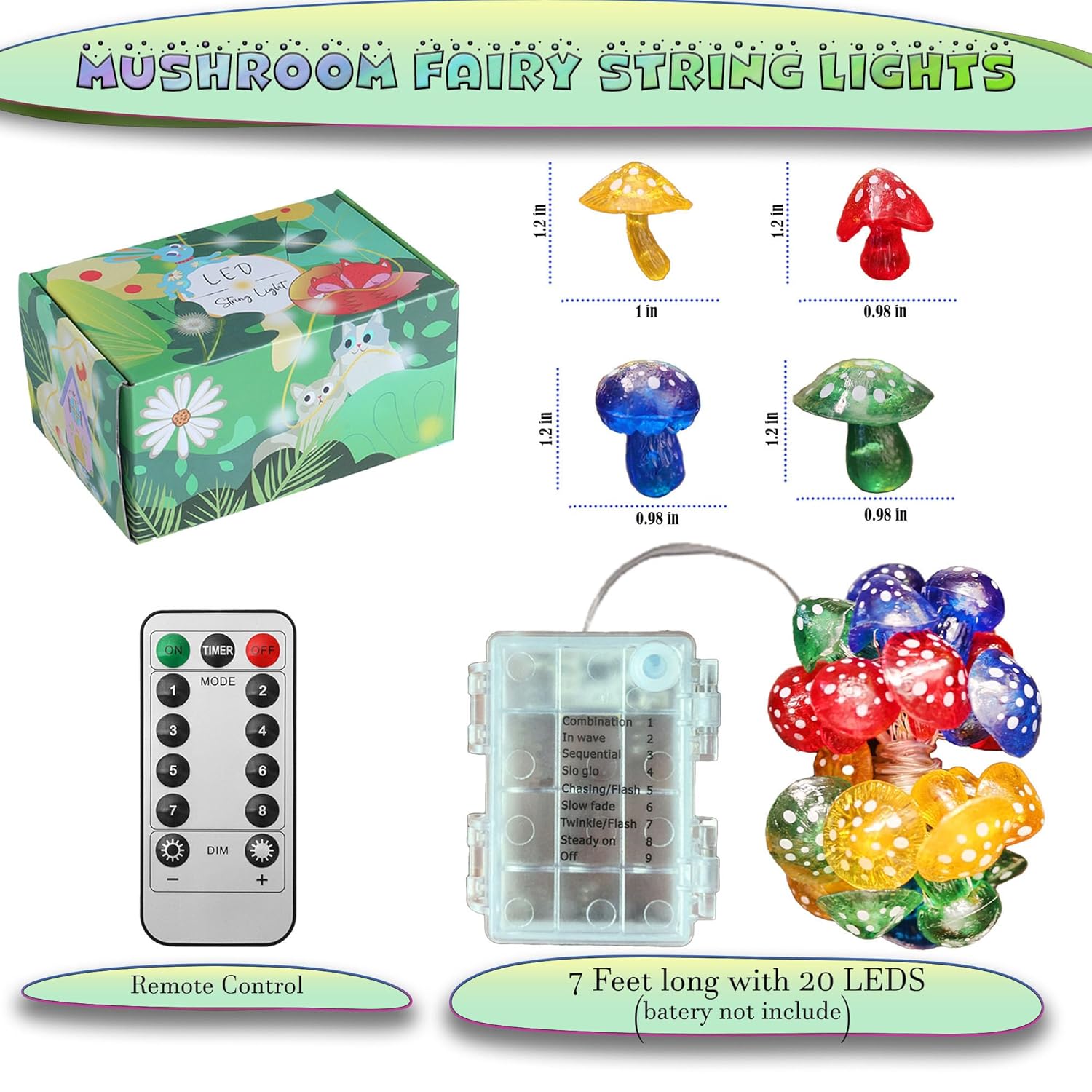 3D Mushroom Lamp Fairy Lights Cute Decorative Lights- Waterproof Battery Operated String Lights 20Led 7Ft With Timer Dim