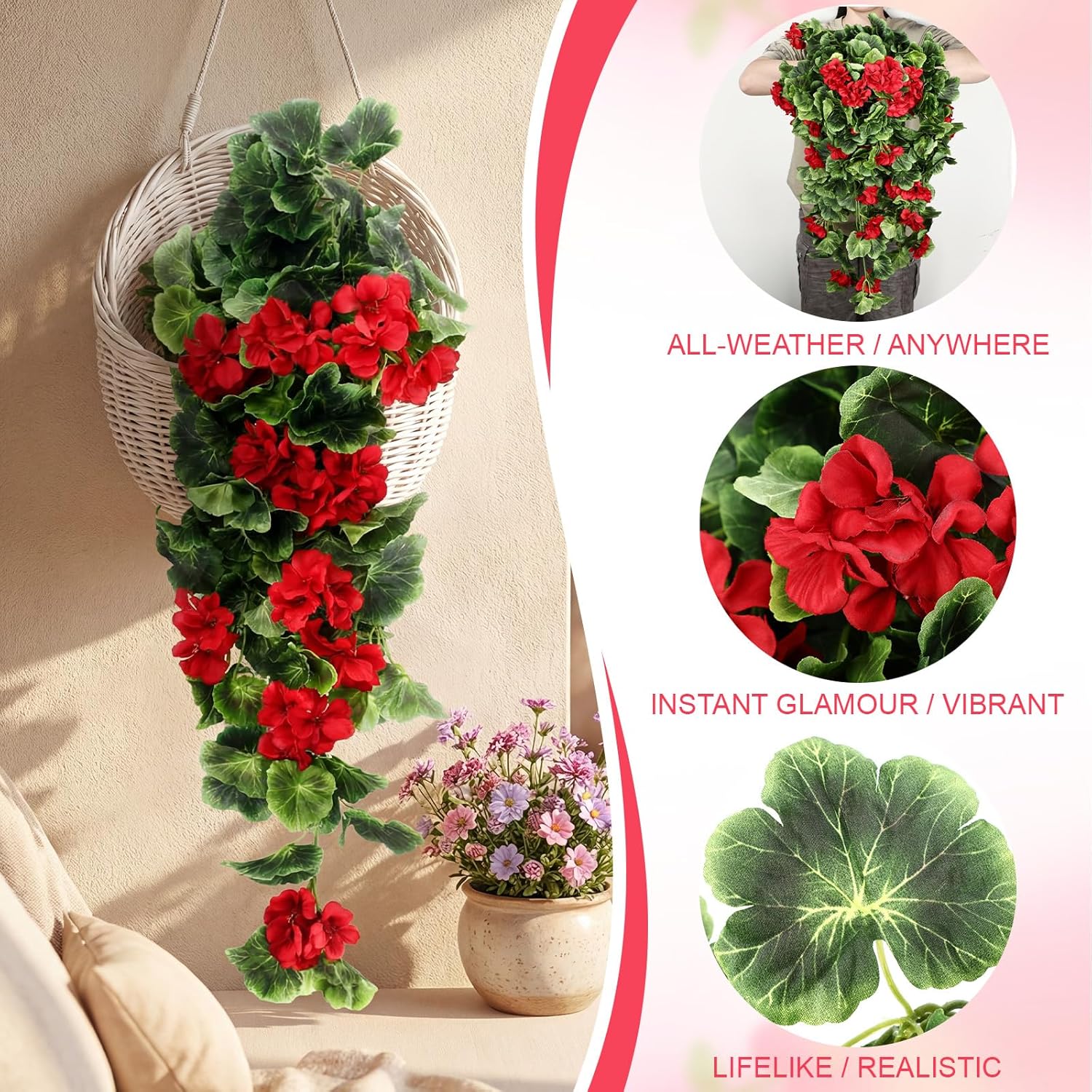 4 Pack Artificial Geraniums Hanging Bundles Full Blooms Hanging Flower Plants For Indoor Outdoors Home Garden Wedding Valentines Porch Wall Fence Basket Vines Decor