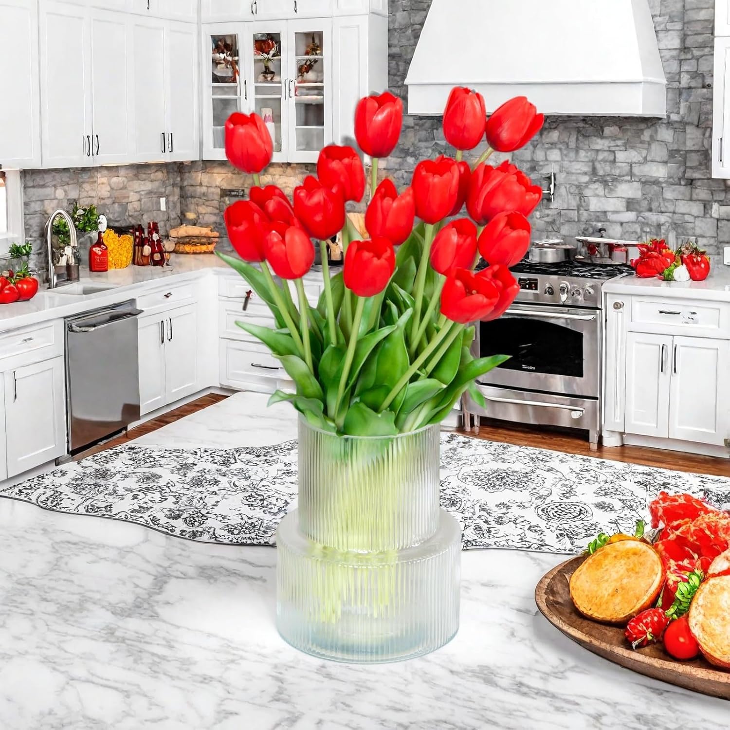 20 Pcs Real Touch Artificial Tulips With Vase, Large Faux Flower Arrangement In Heavy Fluted Glass, Bouquet For Dining Table Centerpiece, Home Office, Spring Decor, Set With Dust Bag (Red)