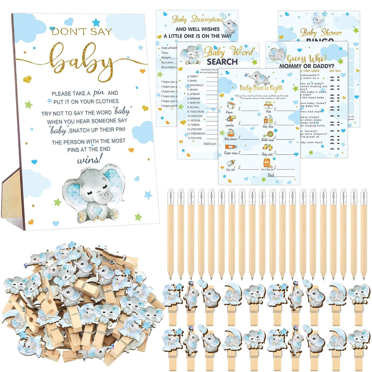 321 Pcs Blue Elephant Themed Baby Shower Game Supplies For Boy 5 Set Include 50 Activity Cards 20 Pencils 1 Don'T Say Baby Sign 50 Clothespins For Price Is Right Prediction Bingo Game Party