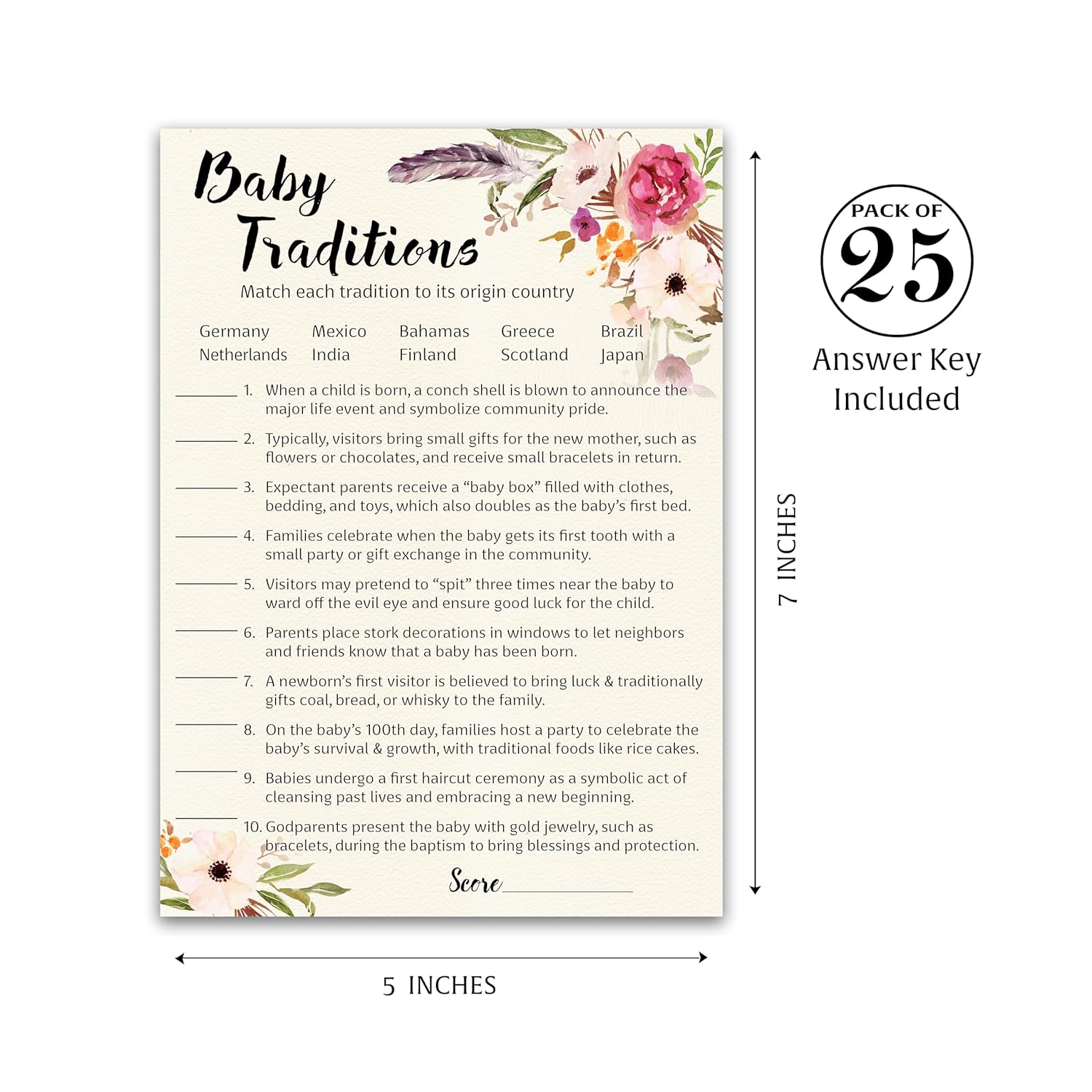 Bohemian Theme Baby Shower Games — Boho Baby Traditions Around The World Game — Pack Of 25 — Fun Facts Trivia Pink Floral Feather Girl Co-Ed Couples Shower Activity Gender Reveal Party G400-Btw