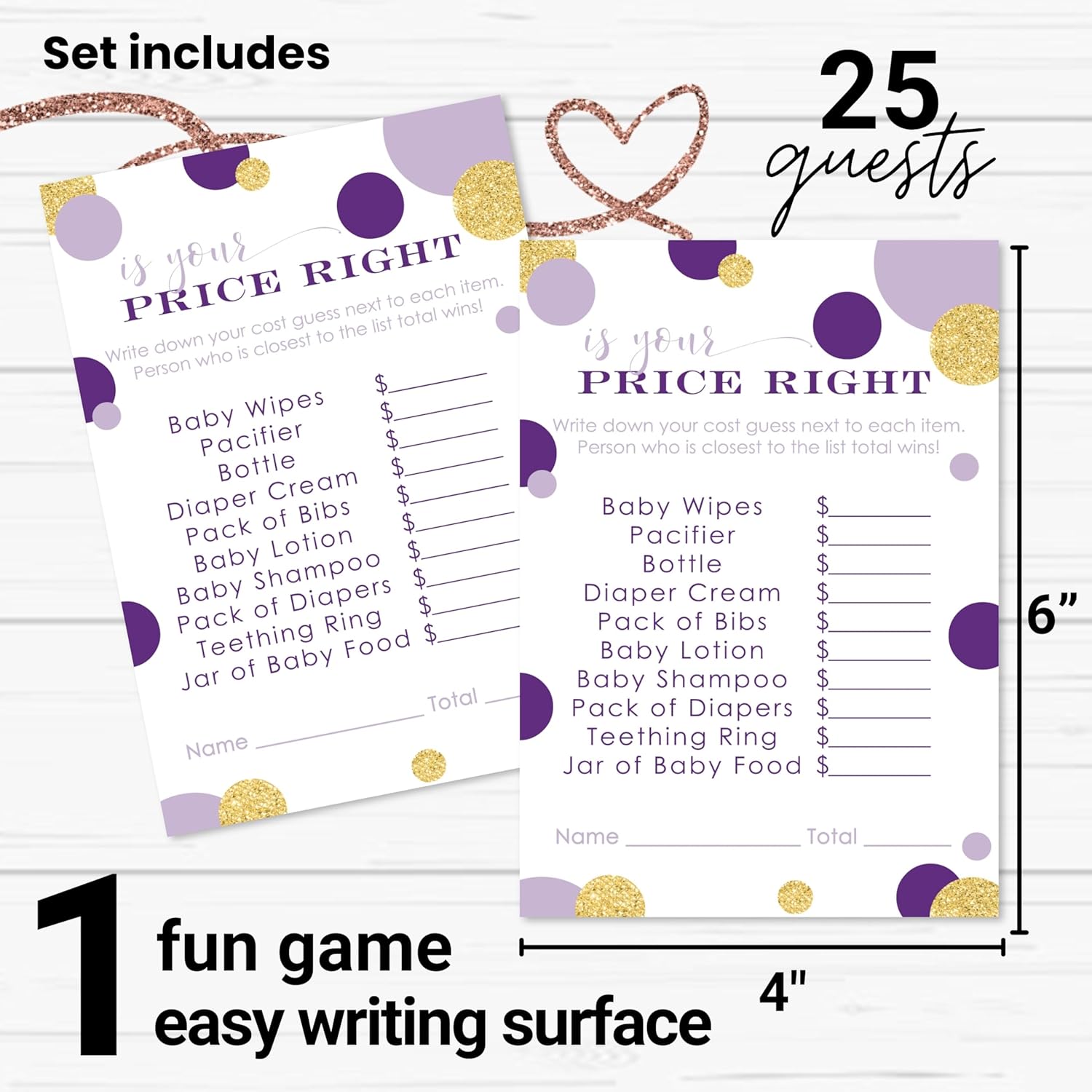 Purple And Gold Baby Shower Games - Guess The Price Is Right - Fun Baby Shower Activities For Guests - 25 Gender Neutral Cards For Prince Or Princess Themes