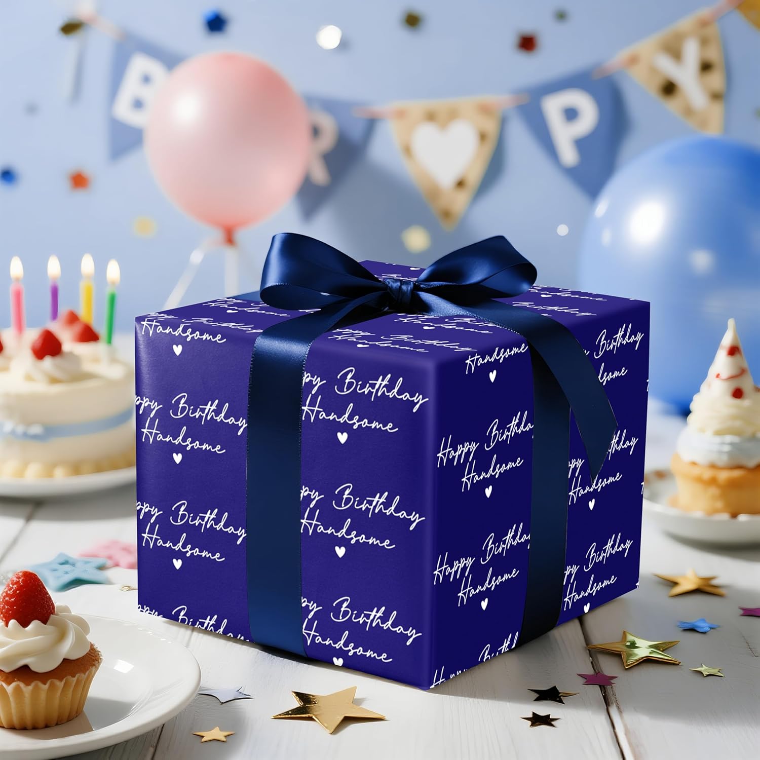 Happy Birthday Handsome Wrapping Paper Roll For Men, Navy Blue With White Script Text Hearts Birthday Gift Wrap For Him, Husband, Boyfriend, Dad, Father, Grandpa, Mini Roll 17 In X 16.4 Feet