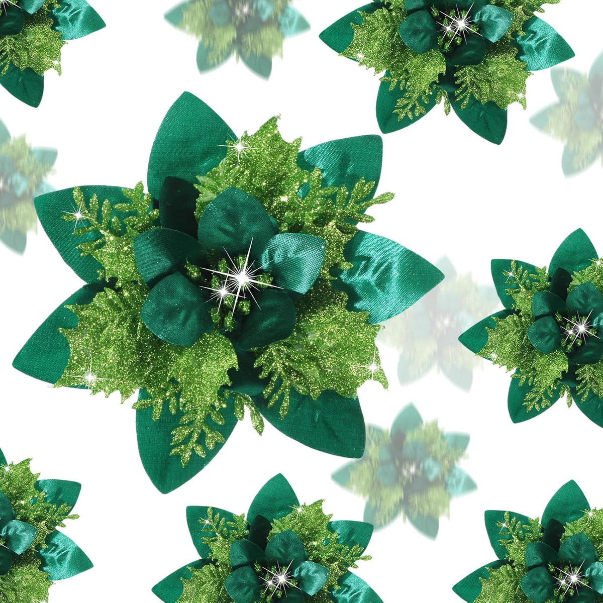 36 Pcs Christmas Glitter Artificial Poinsettia Flowers Xmas Poinsettia Artificial Wedding Flowers Decorations Xmas Tree Ornaments With Clips For Party, 6 Inch, 4 Inch, 3 Inch(Grass Green)
