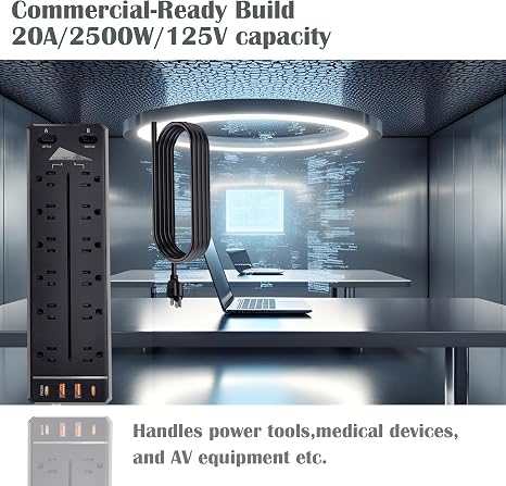 Heavy Duty 12-Outlet Commercial Power Strip with USB Fast Charging and 6.5FT Cord