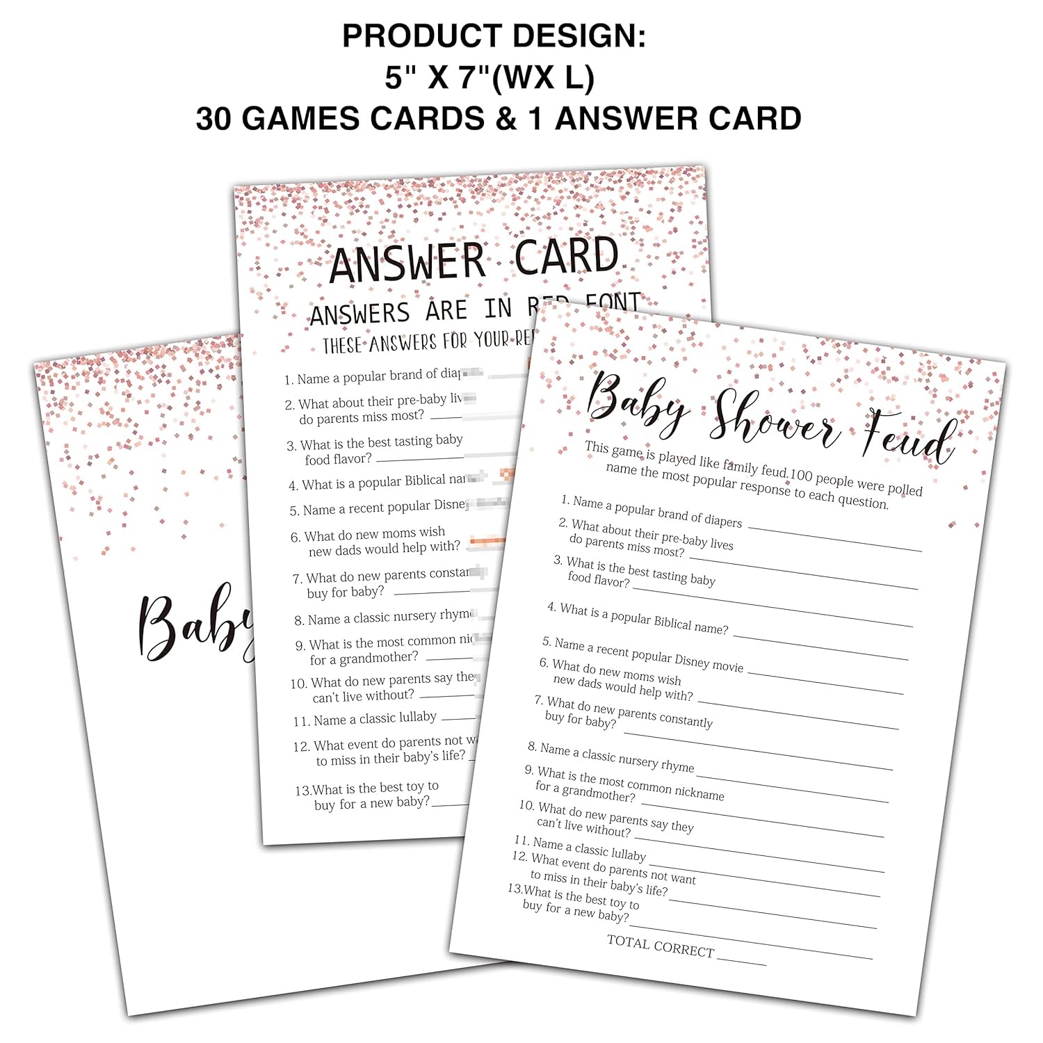 Baby Shower Feud Baby Shower Games, Pink Rose Gold Themed - 30 Game Card And 1 Answer Card Set, Baby Gender Reveal Party Game, Baby Shower Party Decorations -020-007