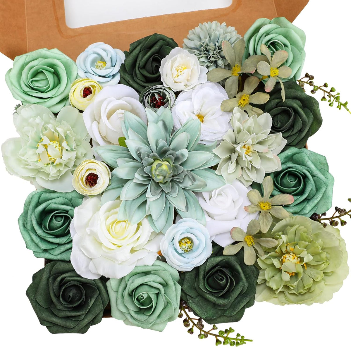 Artificial Flowers Combo Set, Green Silk Roses, Peonies, Dahlias With Stems For Diy Wedding Bouquets, Baby Shower, Table Centerpieces, Home Decor, Fake Floral Arrangements, Party Decorations