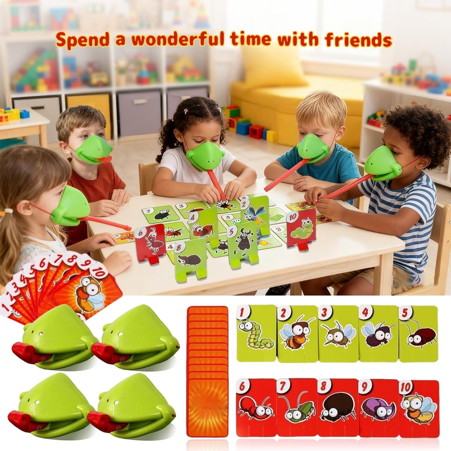 Chameleon Tongue Shooting Game, Funny Chameleon Tongue Shooter Toy With Frog Face Masks, Multiplayer Party Game For Kids With Blowing Tongue And Insect Card Targets For Family Fun & Gifts (Green-4Pcs)