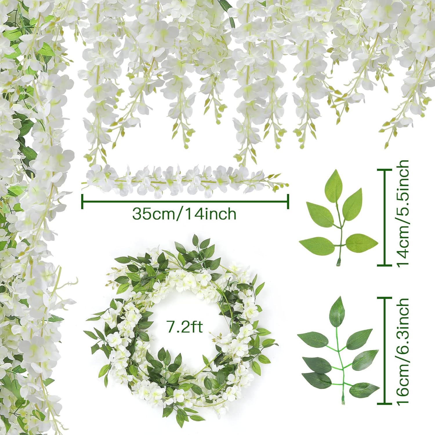 5Pcs 7.2 Ft/Piece Artificial Wisteria Garland Silk Fake White Wisteria Flowers Hanging Greenery Vines Garlands Rattan For Home Garden Wedding Arch Party Indoor Outdoor Decor