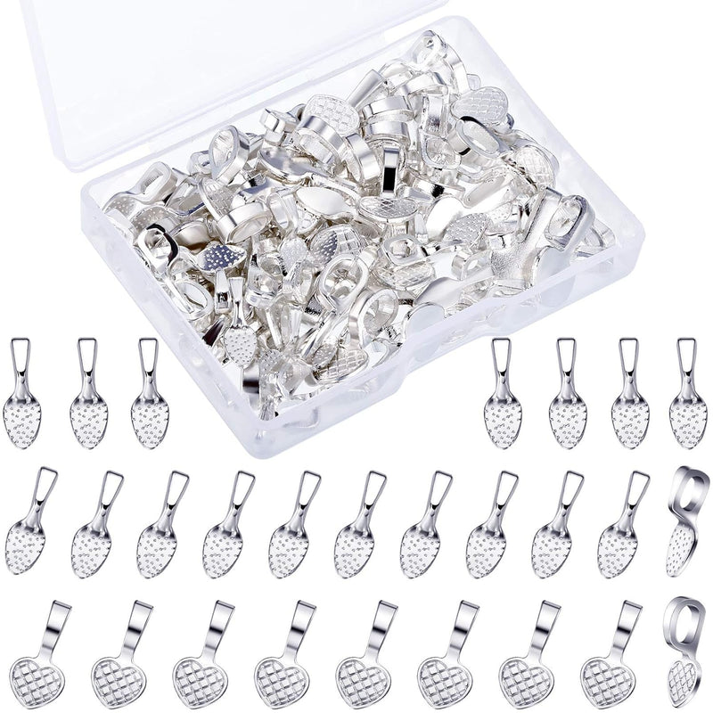 100 Pieces Necklace Bails Shiny Silver Heart Shape Bails Glue On Bails Pendant