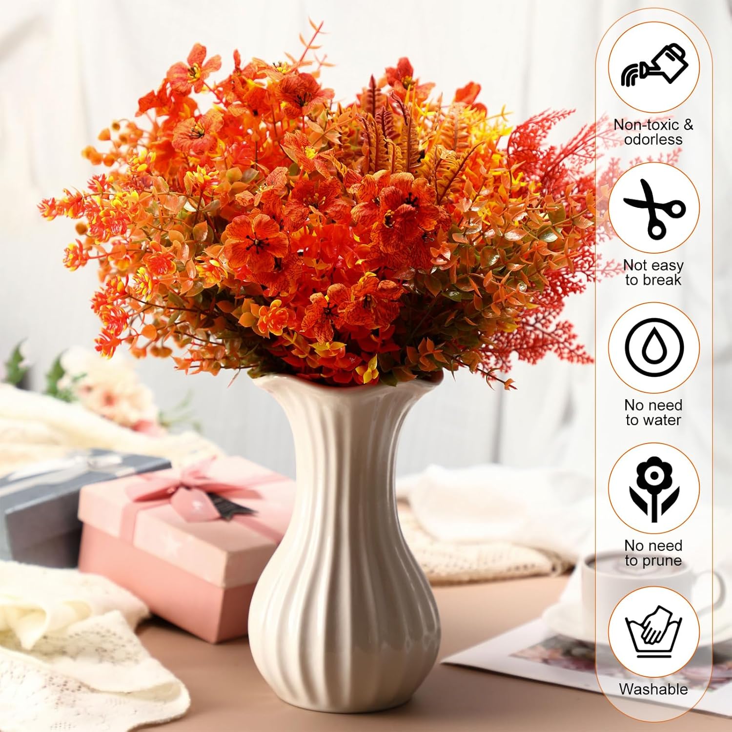 60 Bundle Fall Artificial Flowers Outdoor Uv Resistant Autumn Orange Fake Plants Flowers Faux Plastic Greenery Decoration Shrub For Wedding Window Box Home Porch Fireplace Thanksgiving