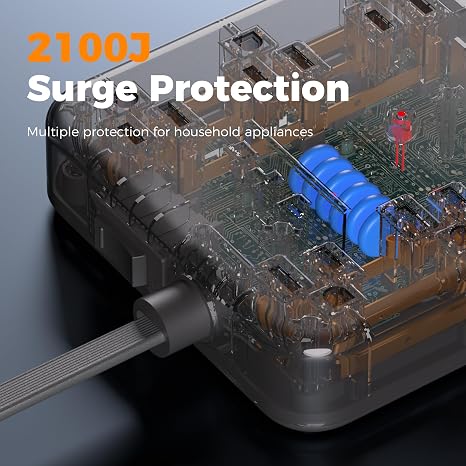 Surge Protector Power Strip 6 Outlets 4 USB Ports 2 USB C 5FT Flat Plug Extension Cord 2100J Black