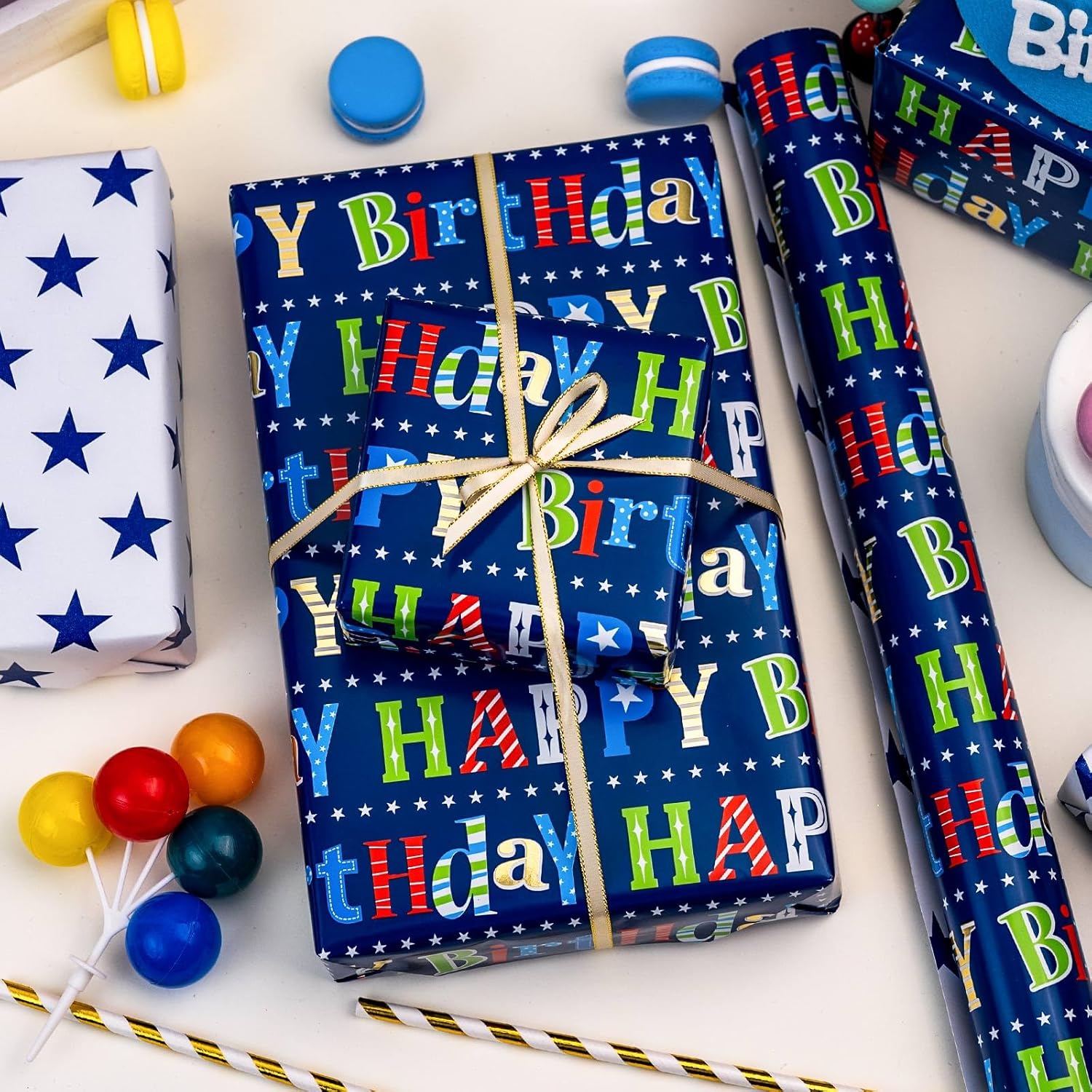 Happy Birthday Wrapping Paper Roll - 17 Inch X 16.5 Feet - Metallic Navy Blue Star Birthday Gift Wrapping Paper For Men, Boy, Baby Shower, Holiday