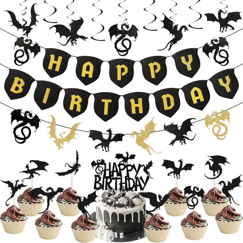 44 Pieces Dragon Party Supplies Dragon Theme Cake Decoration Happy Bir