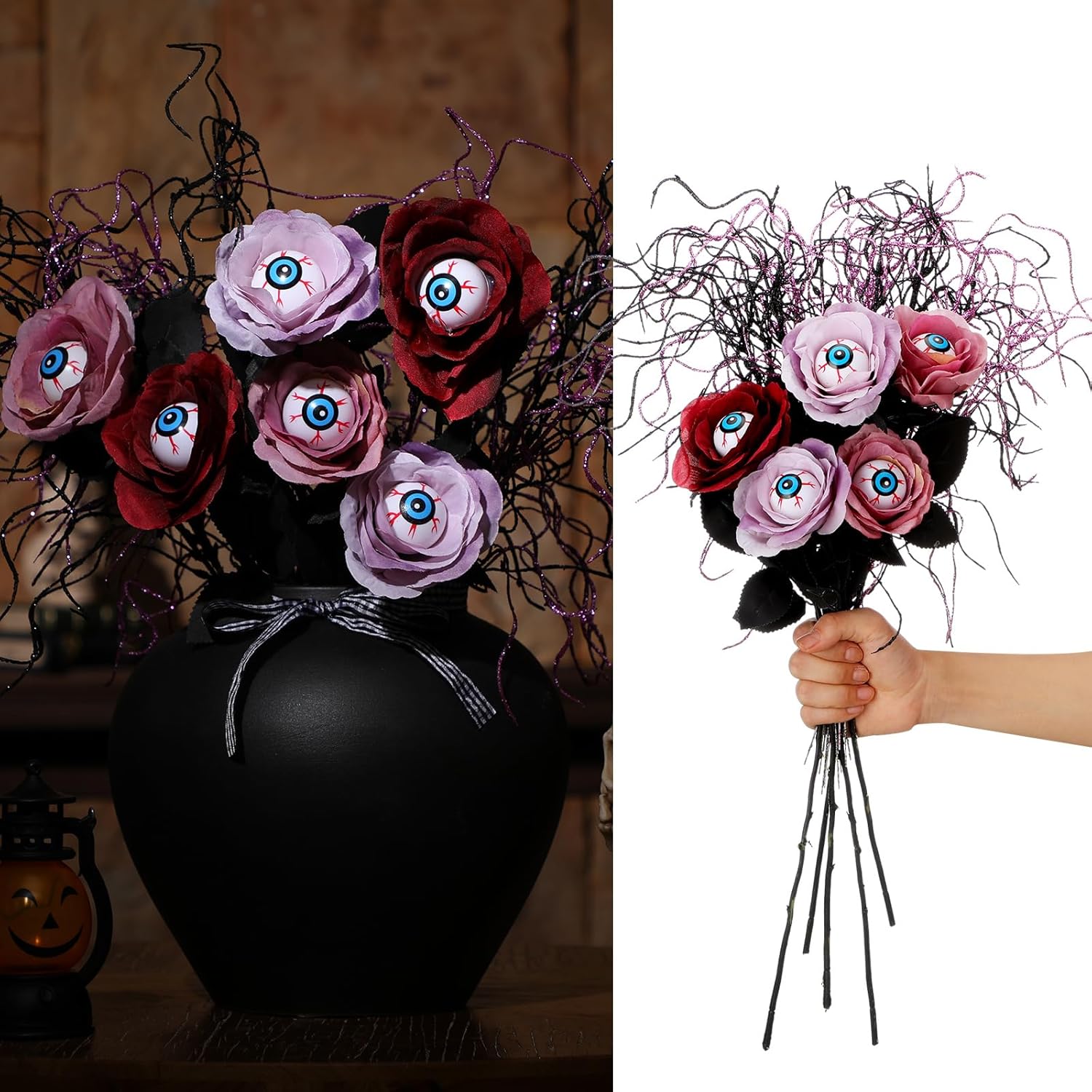28 Pcs Halloween Flowers Decorations 12 Halloween Eyeball Flowers Artificial Rose Floral With Eyeballs 16 Artificial Glitter Branches Floral Picks Decorative Twigs For Home Indoor Table Vase