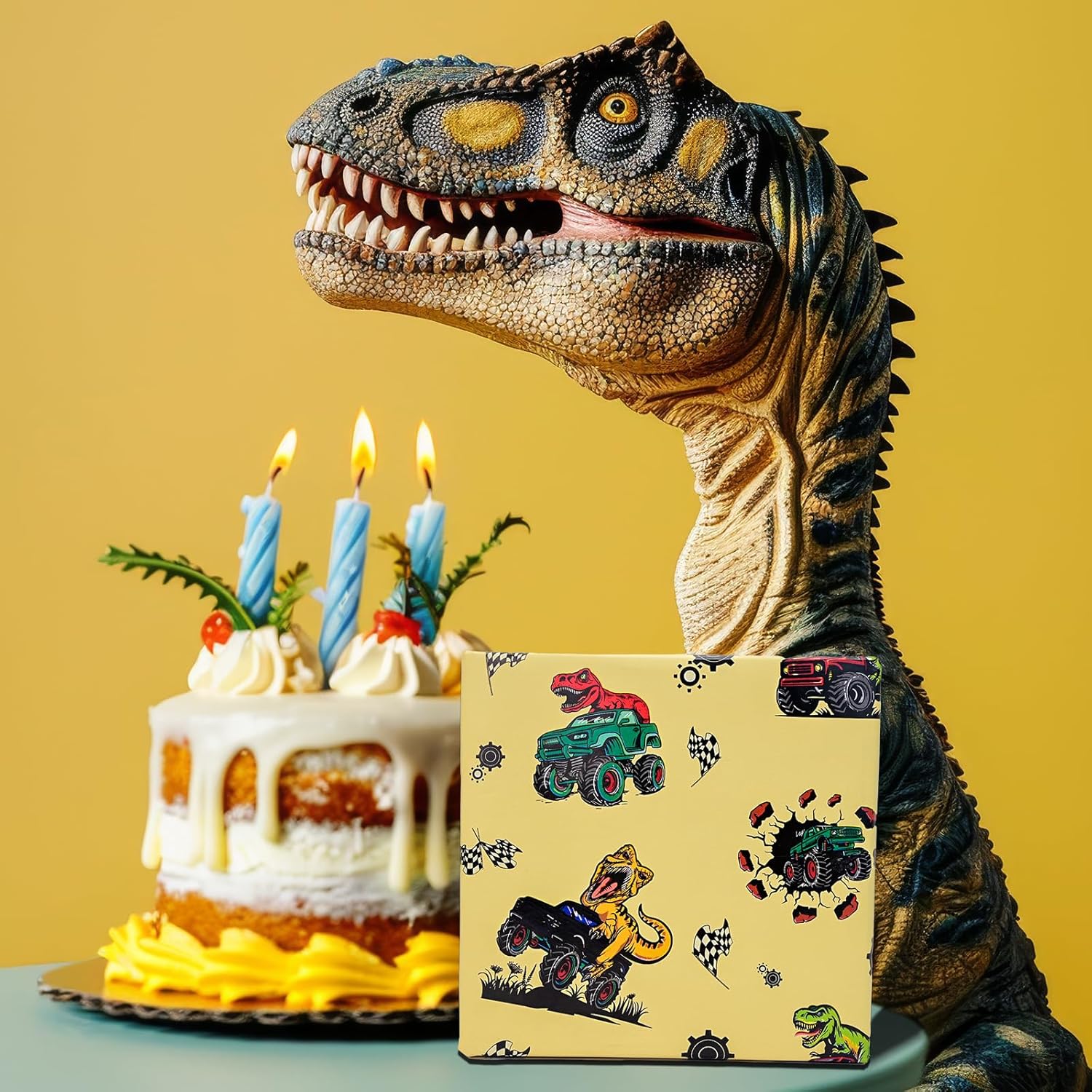 Boys Birthday Wrapping Paper Roll With Cutlines On Back - 17 Inches X 32.8 Feet - Dinosaur Monster Truck Design For Kids Birthday Baby Shower Holiday (1 Roll)