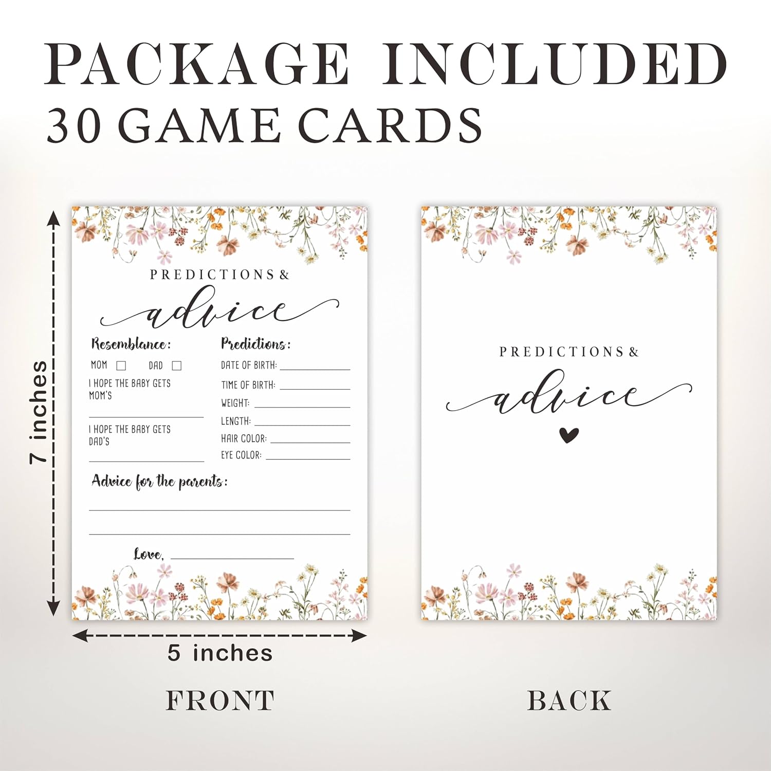 Baby Shower Game Cards, 30 Floral Theme Double-Sided Game Cards For Baby Announcement, Baby Predictions & Advice Game Cards, Spring Wildflower,Gender Reveal Party Favor, Activity - C04