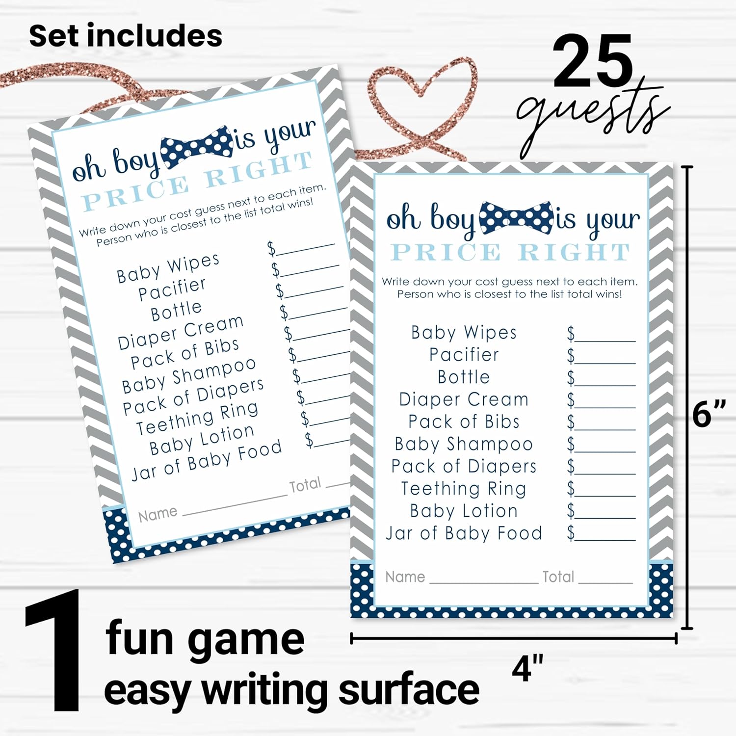 Bow-Tie Guess The Price Baby Shower Games - 25 Cards - Little Man Themed Baby Shower Game Ideas - Navy And Grey 4X6 Card Set For Boys