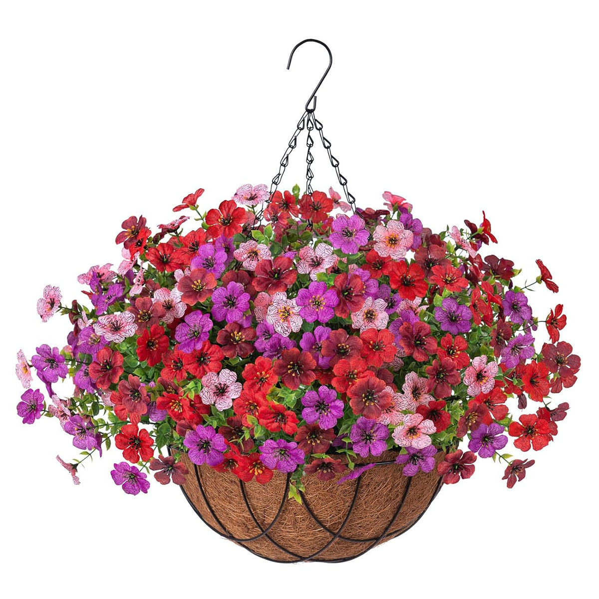 Artificial Silk Flowers Hanging Baskets Outdoors Indoors, Fake Daisy With Eucalyptus Leaves Arrangement For Garden Yard Spring Summer Decor Faux Green Plant(Red Brown Purple Pink)