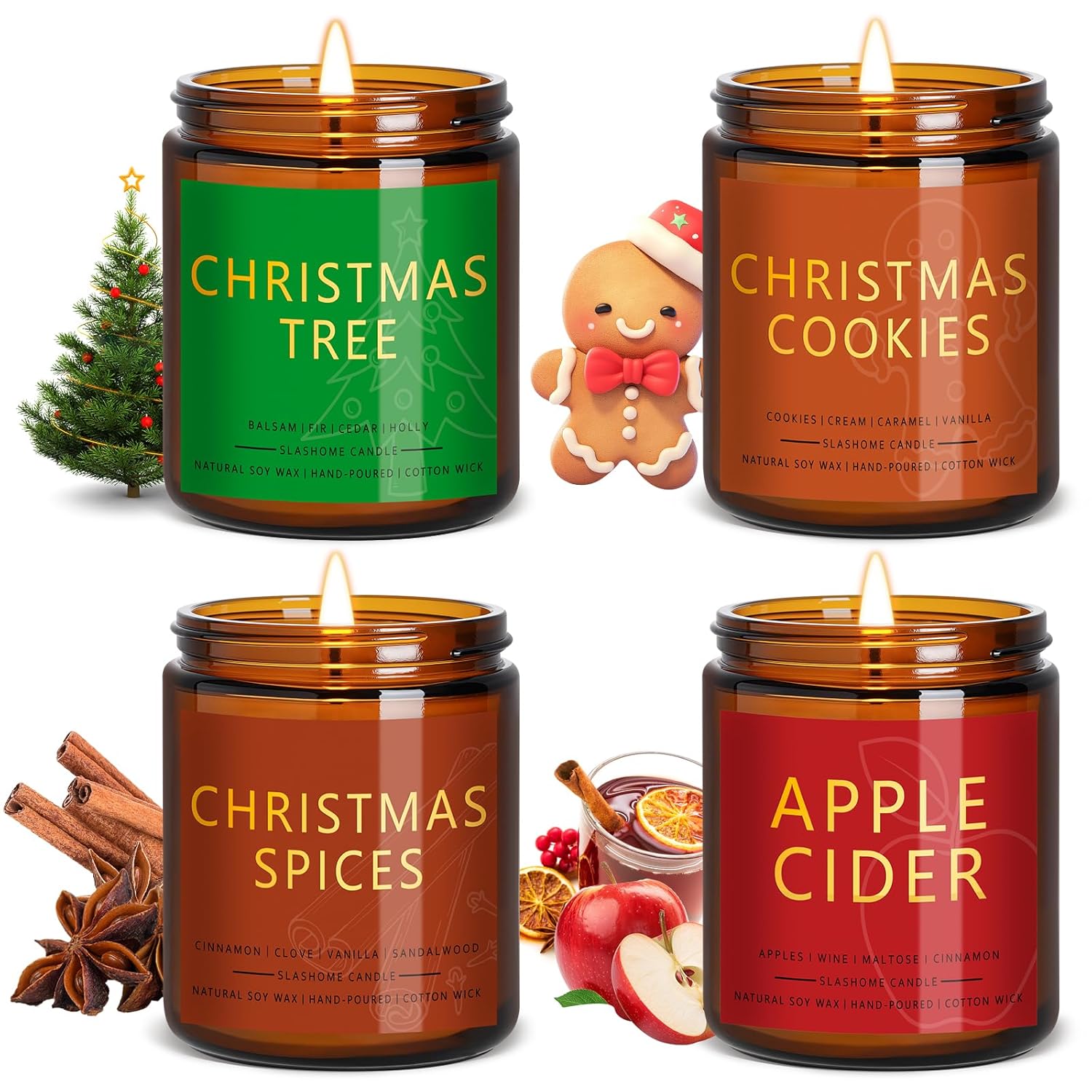 Christmas Candle Gift Set, 4 Pack 7 Oz Soy Scented Candles For Home, Holiday & Birthday Gift For Women & Men, Includes Christmas Tree, Cookies, Spices & Apple Cider, Winter Holiday Home Decor