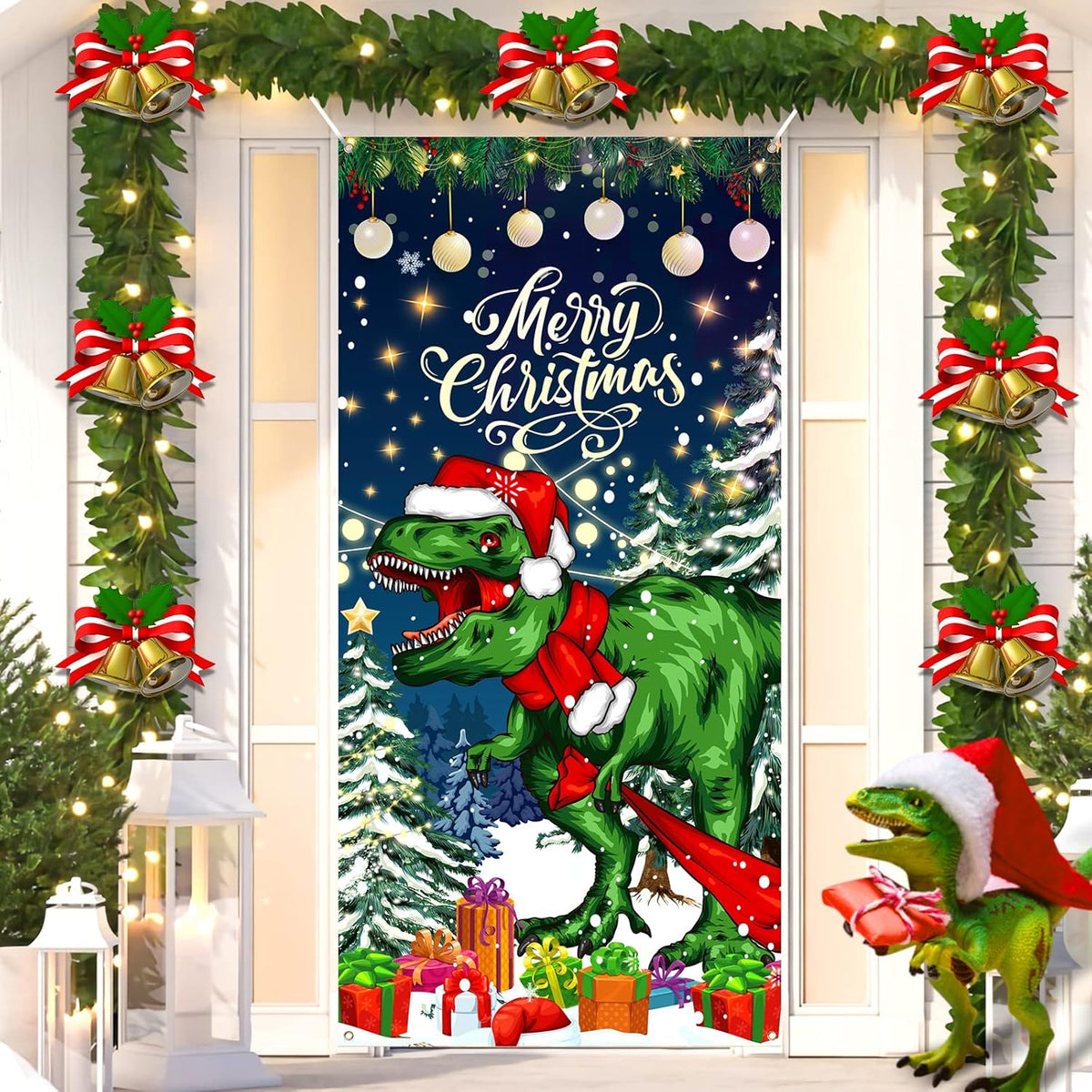 Christmas Dinosaur Door Cover Large Dinosaur Merry Christmas Door Banner Decorations Funny Winter Hanging Welcome Backdrop Yard Sign For Xmas New Year Holiday Indoor Outdoor Party Supplies 73X36Inch
