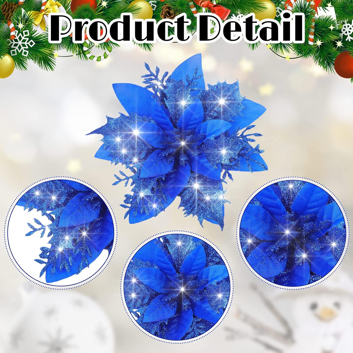 24 Pieces Poinsettia Christmas Decorations Glitter Poinsettia Flowers 5.5 Inch Poinsettias Artificial Christmas Flowers For Christmas Tree Ornament Party Decorations Wreath Garlands(Royal Blue)