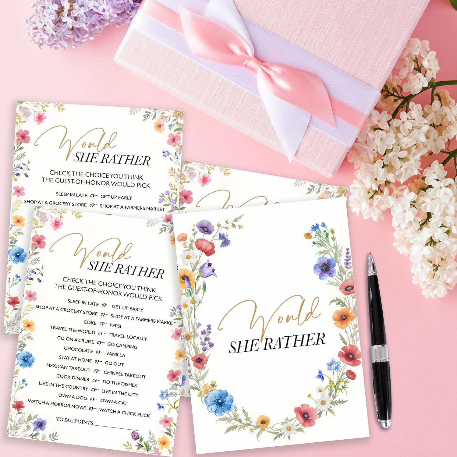 Wildflowers Wedding Games Cards, Would She Rather Games, Spring Flowers Theme Bridal Shower Game, Bachelorette Party Supplies Engagement Party Favors, Boho Bridal Shower Decorations -04