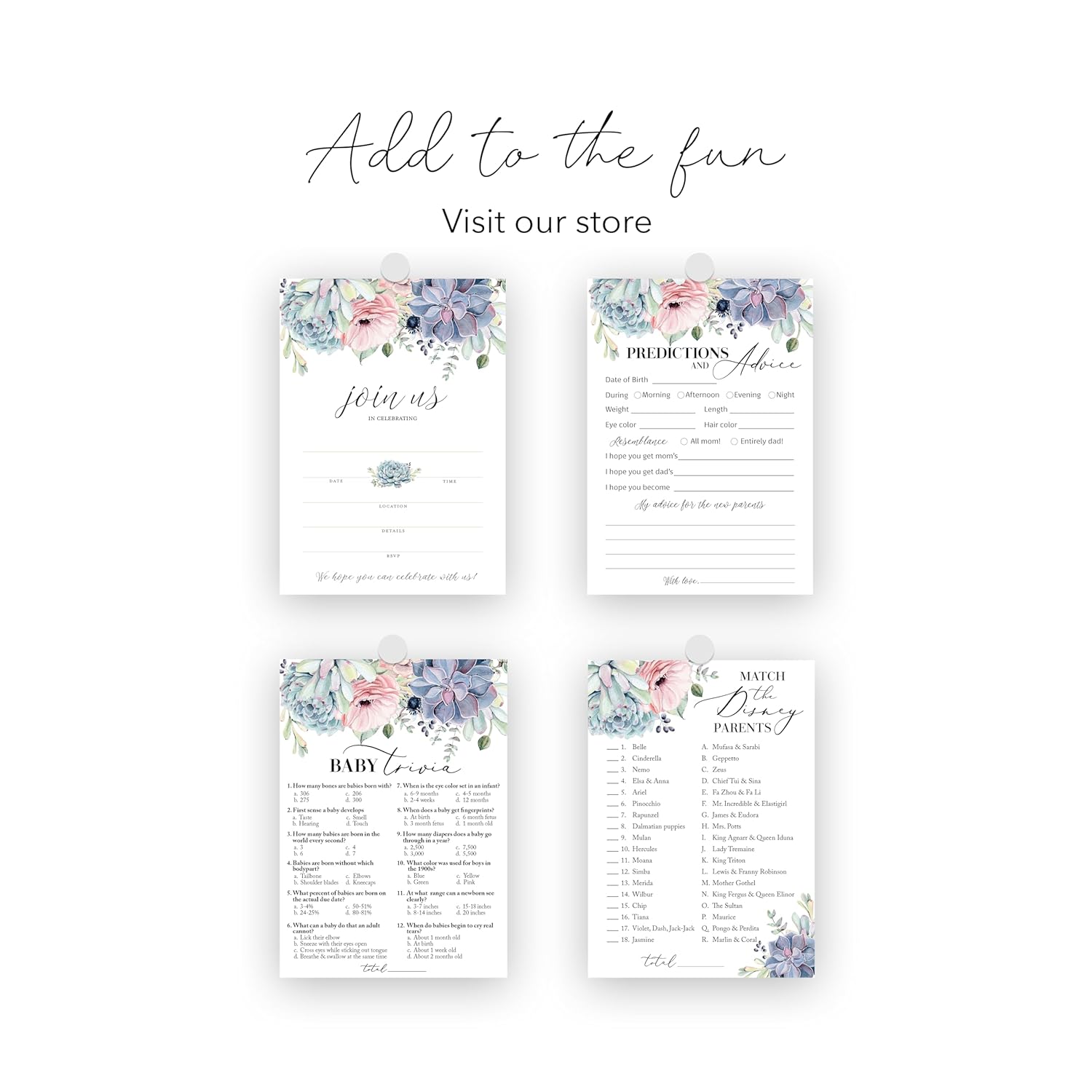 Succulents Baby Shower Game — Baby Trivia Game — 25 Guests — Fun Baby Facts Games Floral Green Succulent Trivia Baby Shower Activity Greenery Rustic Gender Neutral Couples Shower G301-Trv