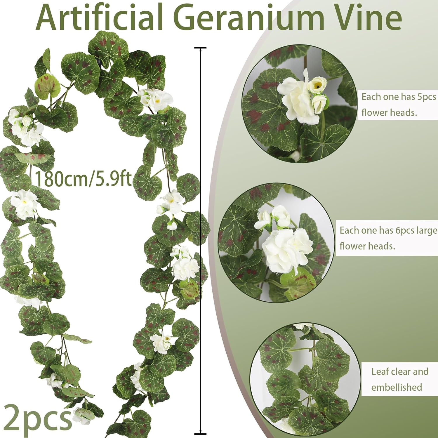 2 Pcs Spring Summer Flower Garland Geranium Artificial Garland Outdoors White Geranium Artificial Flowers Uv Resistant Hanging Basket Floral Garland For Porch Farmhouse Centerpiece Decor