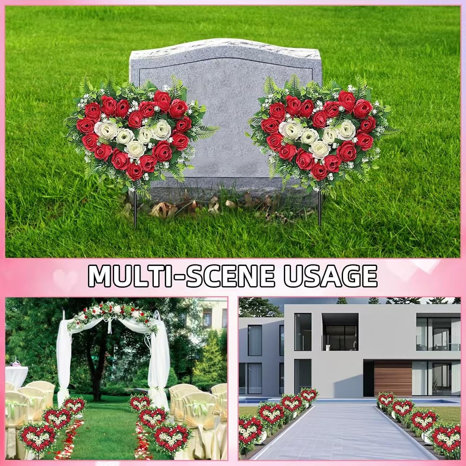 Artificial Cemetery Flowers Wedding Flowers Silk Flowers Artificial Roses Heart Bouquet With Long Spike For Ourdoor Grave Wedding Party Decoration (Red White)