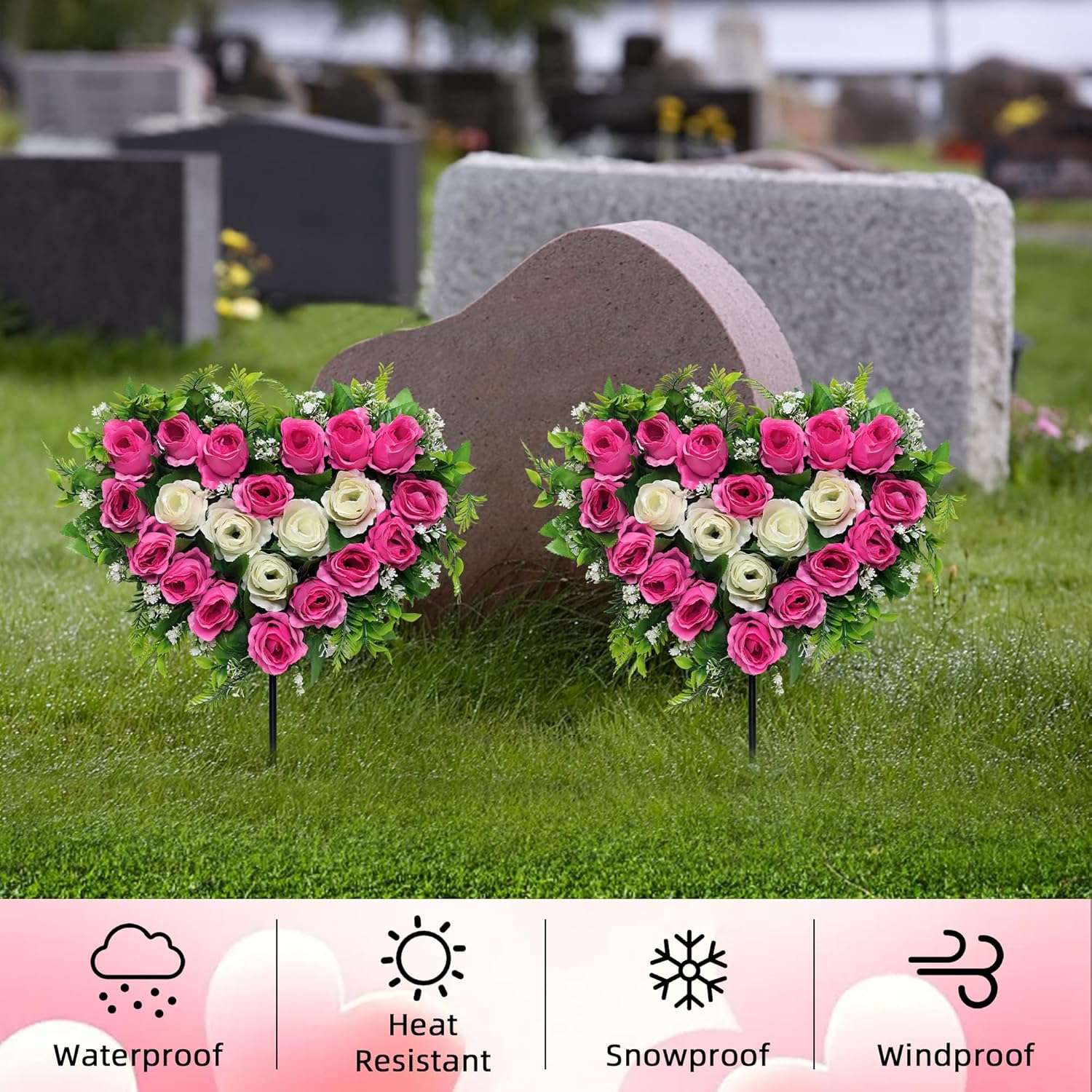 2 Sets Artificial Cemetery Flowers, Grave Memorial Flowers With Ground Spike,Heart Shaped Wreaths Rose Flowers For Artificial Rose Decoration For Cemetery Headstones Gravesites (Pink)