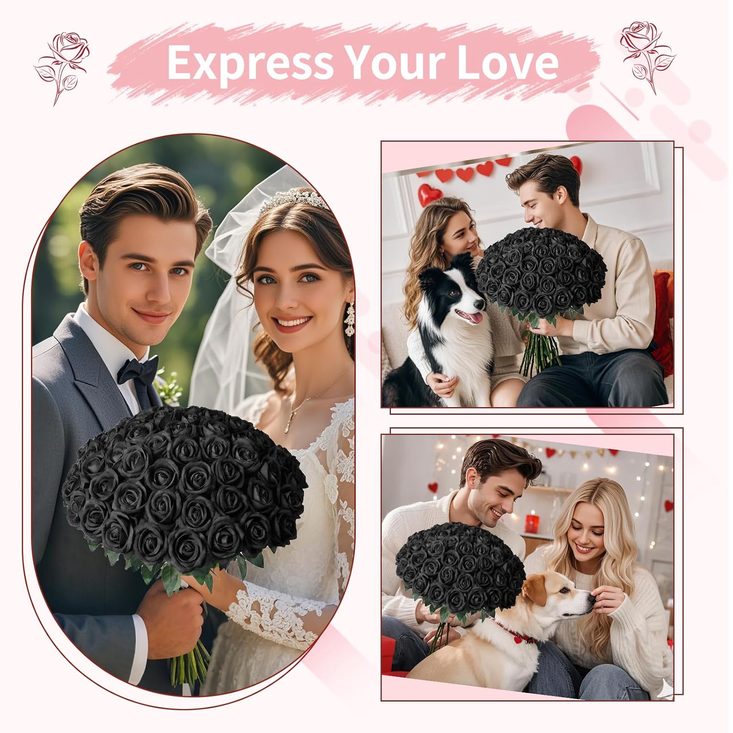 50 Pcs Black Roses Artificial Flowers, Fake Roses Bouquet, Artificial Black Rose With Stems For Diy Wedding Flowers Decoration, Valentines Day Mothers Day, Bridal Bouquet Rose