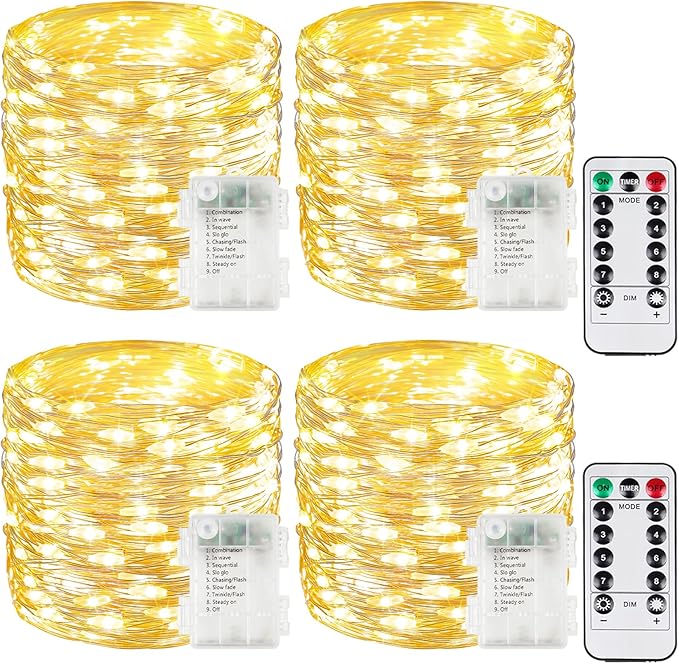 4 Pack 100 LED Battery Operated Fairy Lights with Remote 8 Modes Warm White String Lights