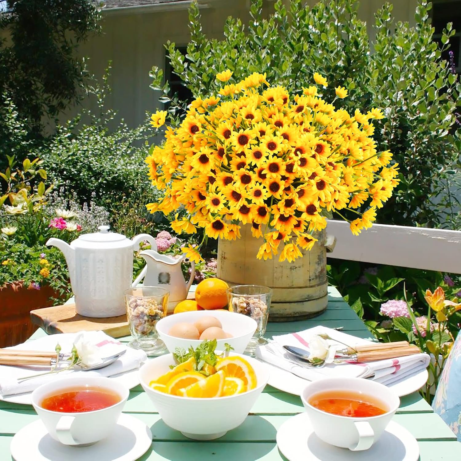 12Pcs Silk Sunflowers Artificial Flowers Bulk, Fake Sunflowers With 24 Small Daisy Mums Flowers For Outdoors Home Office Centerpiece Window Porch Hanging Planter Fall Décor (Yellow)