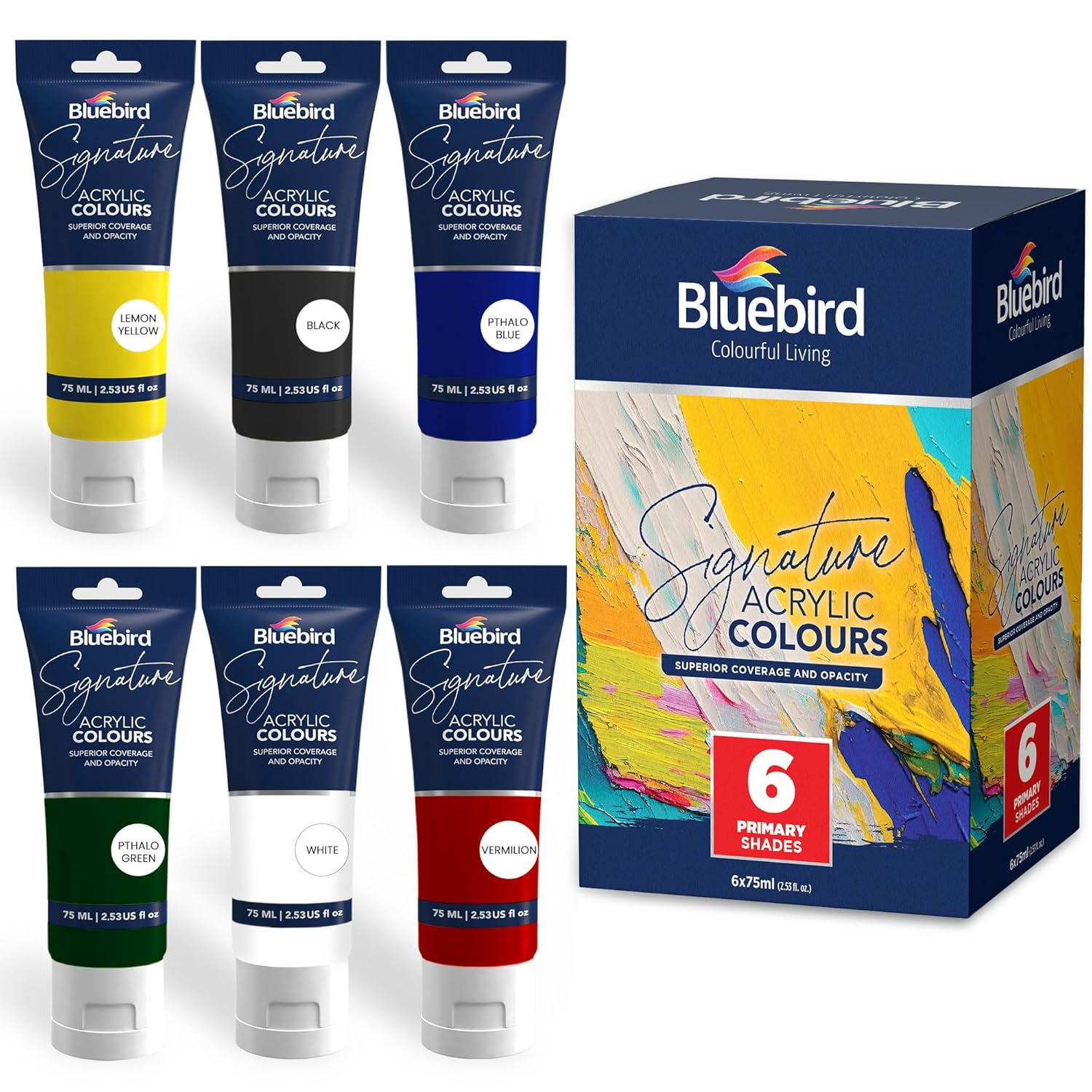 BLUEBIRD Signature Acrylic Paint Set, Primary Colors, 6-Pack 2.5 Fl Oz Each, Professional Acrylic Paints For Professionals, Adults, & Artists