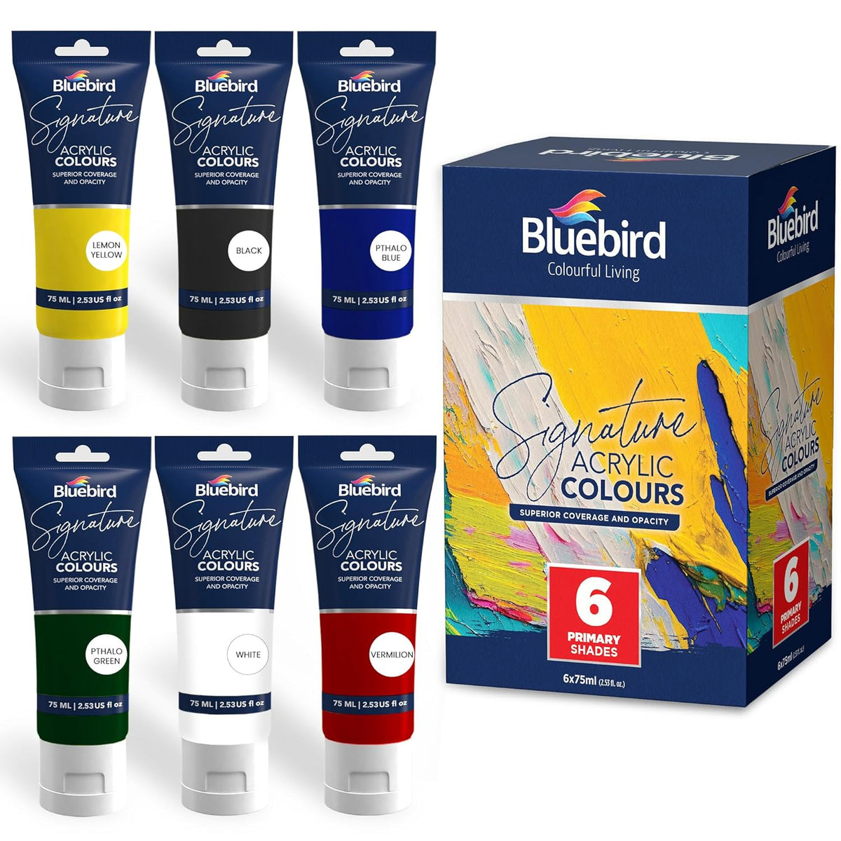 BLUEBIRD Signature Acrylic Paint Set, Primary Colors, 6-Pack 2.5 Fl Oz Each, Professional Acrylic Paints For Professionals, Adults, & Artists