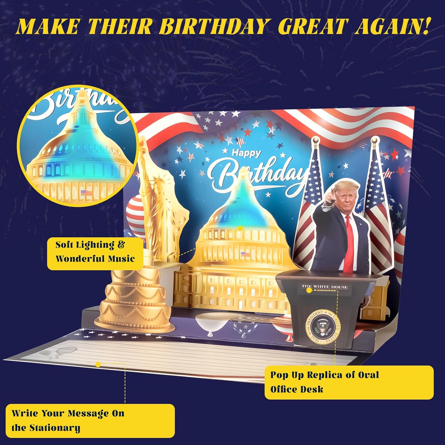 Birthday Card, Talking Donald President Greeting Cards With Real Voice Message & Light For Men And Women, Parents, Couples (Birthday -Golden Freedom)