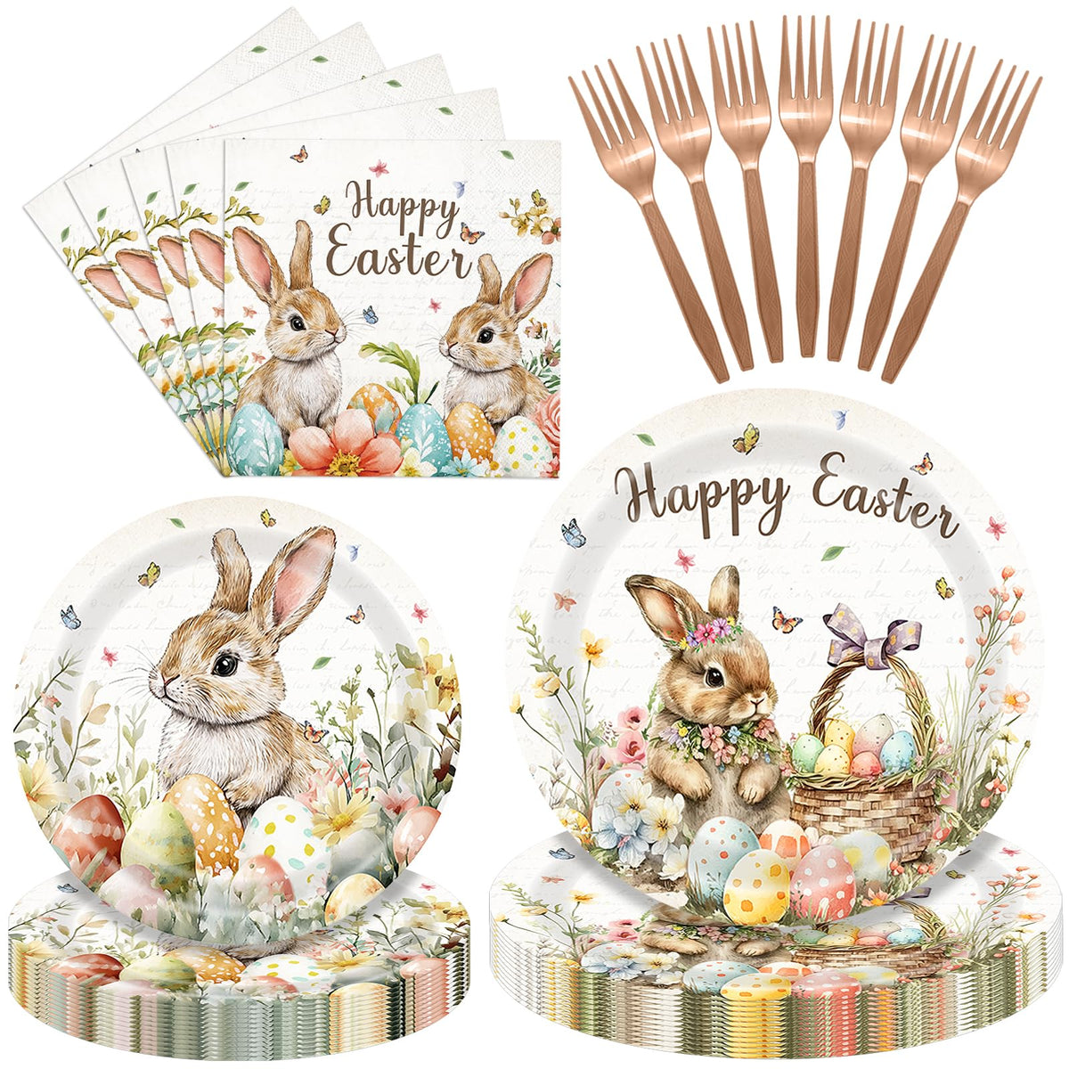 96 Pieces Easter Tableware Set – Bunny Egg Disposable Plates, Napkins and Forks with “Happy Easter” Spring Designs for Holiday Dinners, Parties, and Spring Celebrations – Serves 24