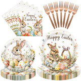 96 Pieces Easter Tableware Set – Bunny Egg Disposable Plates, Napkins and Forks with “Happy Easter” Spring Designs for Holiday Dinners, Parties, and Spring Celebrations – Serves 24