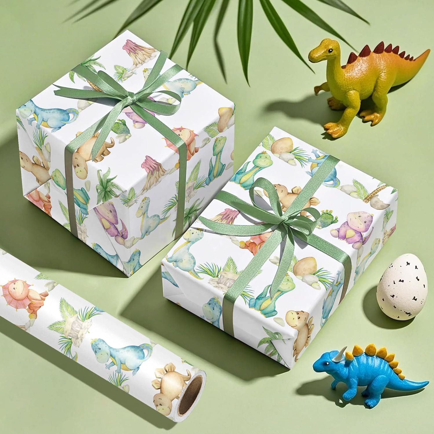 Dinosaur Baby Shower Wrapping Paper - Mini Roll - 17 Inch X 16.5 Feet - Watercolor Dinosaur Wrapping Paper For Baby Shower, Boys Birthday, Baptism Gift Wrap