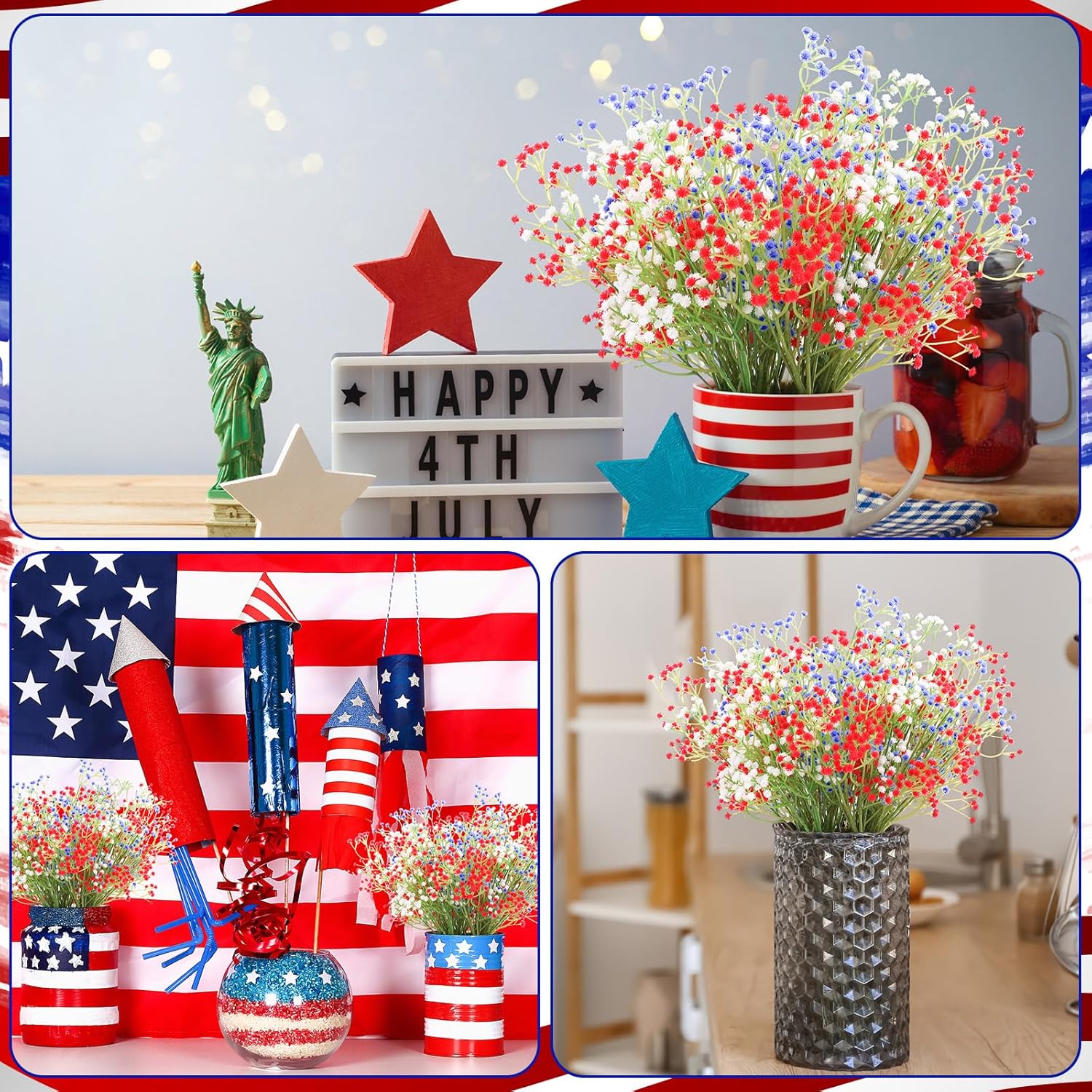 24 Pcs Patriotic Red Blue White Artificial Flower Babies Breath Fake Floral Arrangement For Independence Day Party Home Decor 4Th Of July Veterans Memorial Day Indoor Table Centerpiece