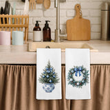 Chinoiserie Christmas Wreath Kitchen Towels Set Of 2, Blue And White Christmas Tree Hand Towels For Bathroom, Grandmillennial Xmas Bow Dish Tea Towel For Kitchen, 16X24 Inch
