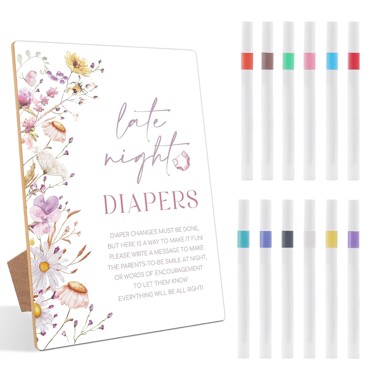 13 Pcs Late Night Diapers Baby Shower Games, Include Wood Sign And 12 Pens, Gender Reveal Games, Baby Shower Games Table Sign, Flower Decorations, Newborn Announcement Party Decor Supplies