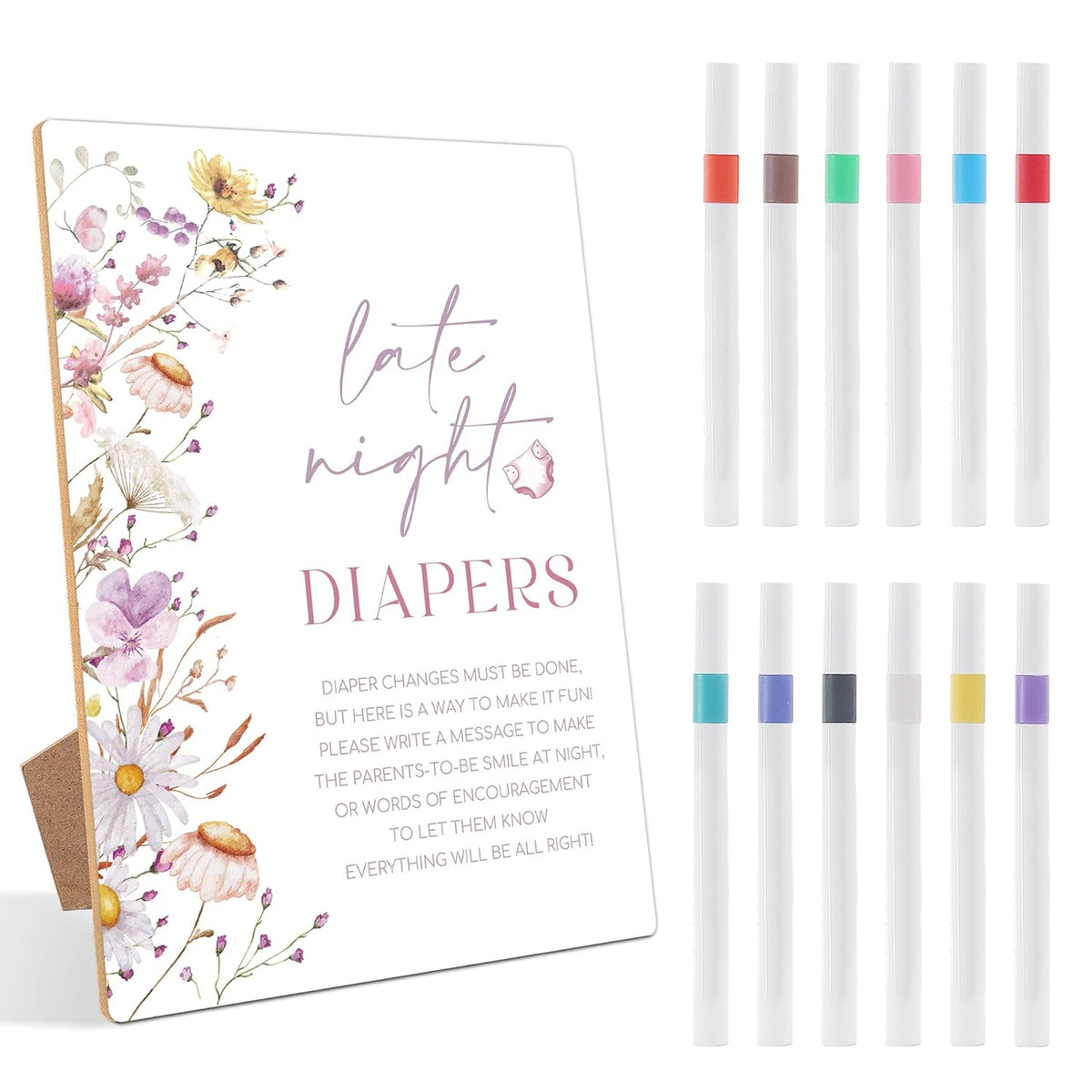 13 Pcs Late Night Diapers Baby Shower Games, Include Wood Sign And 12 Pens, Gender Reveal Games, Baby Shower Games Table Sign, Flower Decorations, Newborn Announcement Party Decor Supplies