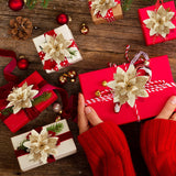 Poinsettia Christmas Decorations Flowers - 12Pcs Artificial Red Gold Poinsettia Christmas Tree Ornaments Glittery For Xmas New Year Wedding Party Wreath Diy Garland Decor (Gold)